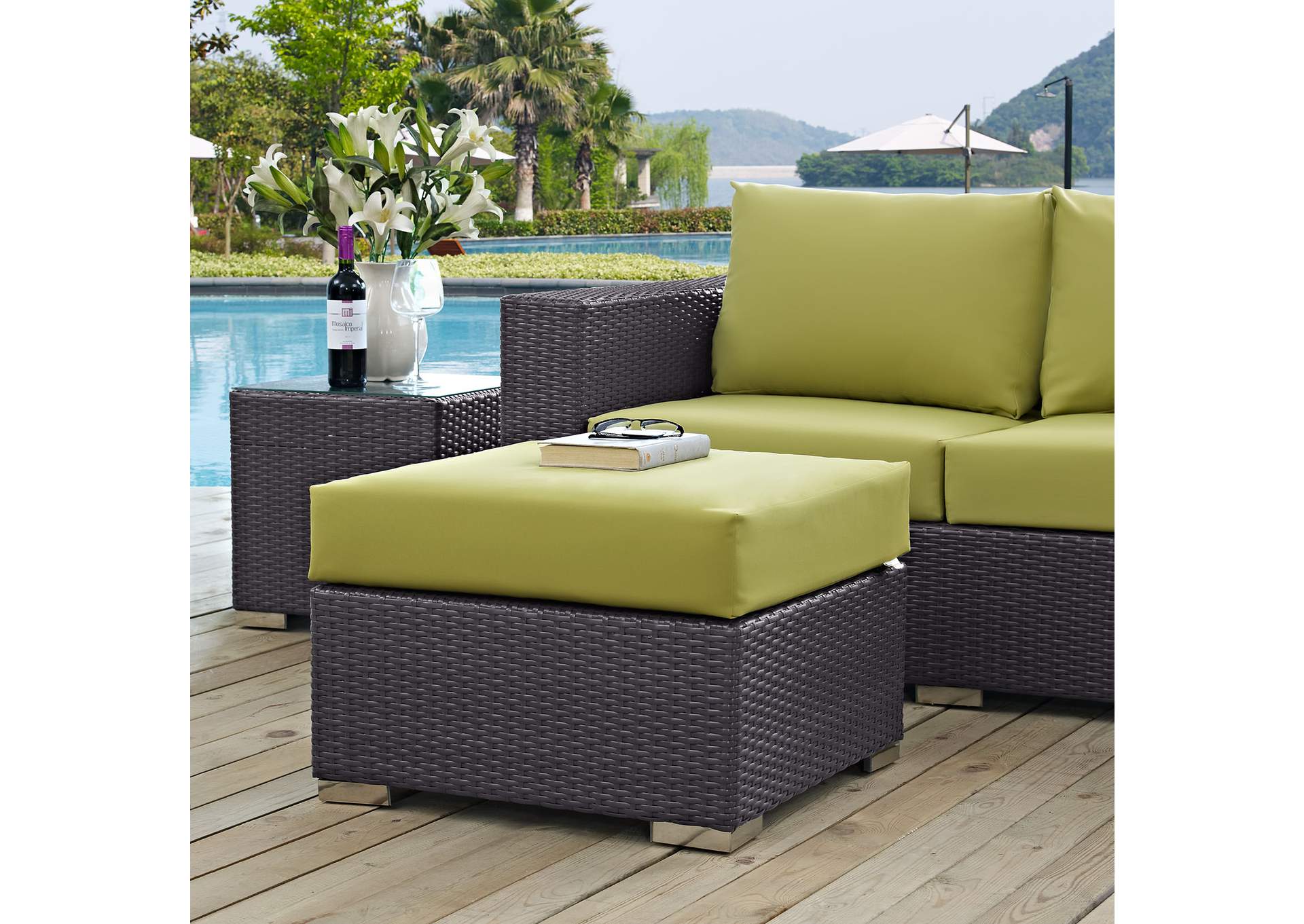 Espresso Peridot Convene Outdoor Patio Fabric Square Ottoman,Modway