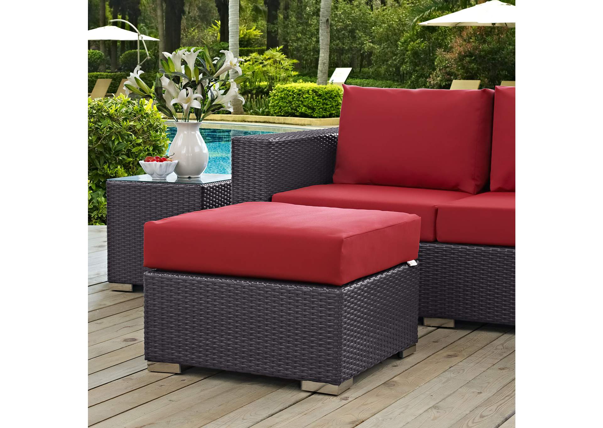 Espresso Red Convene Outdoor Patio Fabric Square Ottoman,Modway