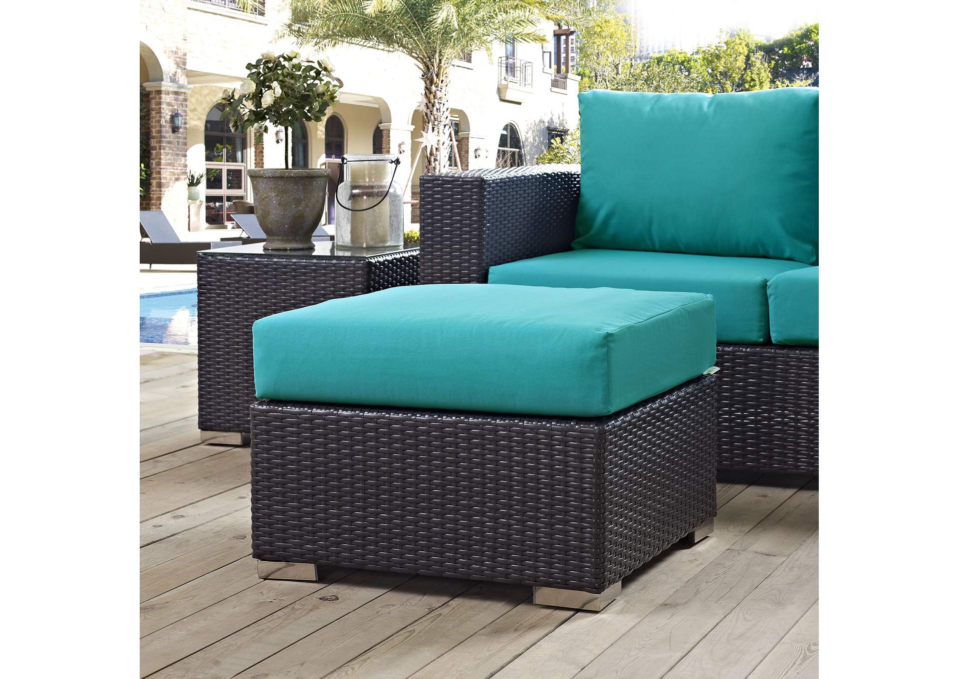 Espresso Turquoise Convene Outdoor Patio Fabric Square Ottoman,Modway