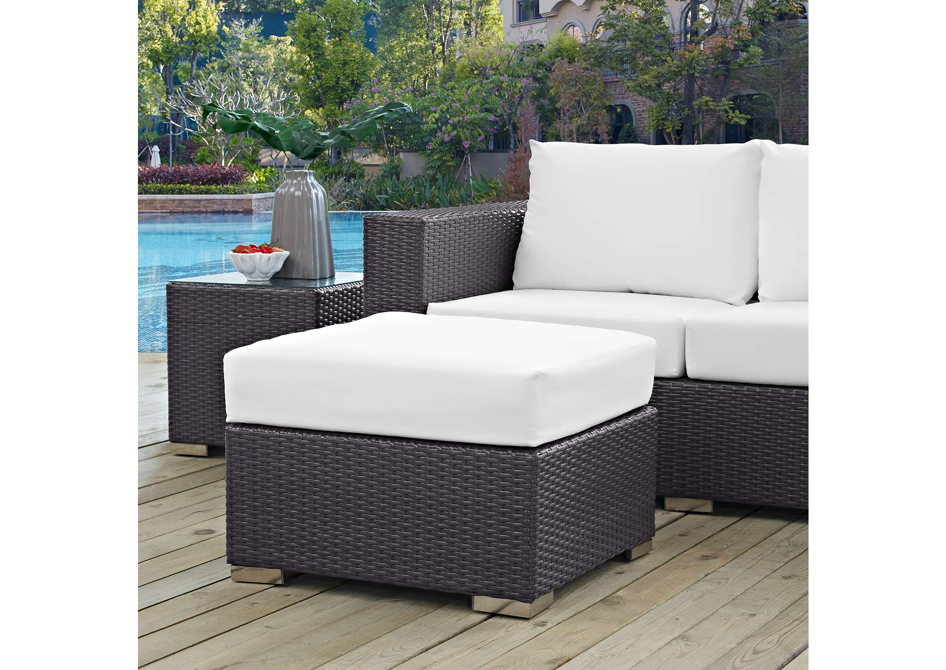 Espresso White Convene Outdoor Patio Fabric Square Ottoman,Modway