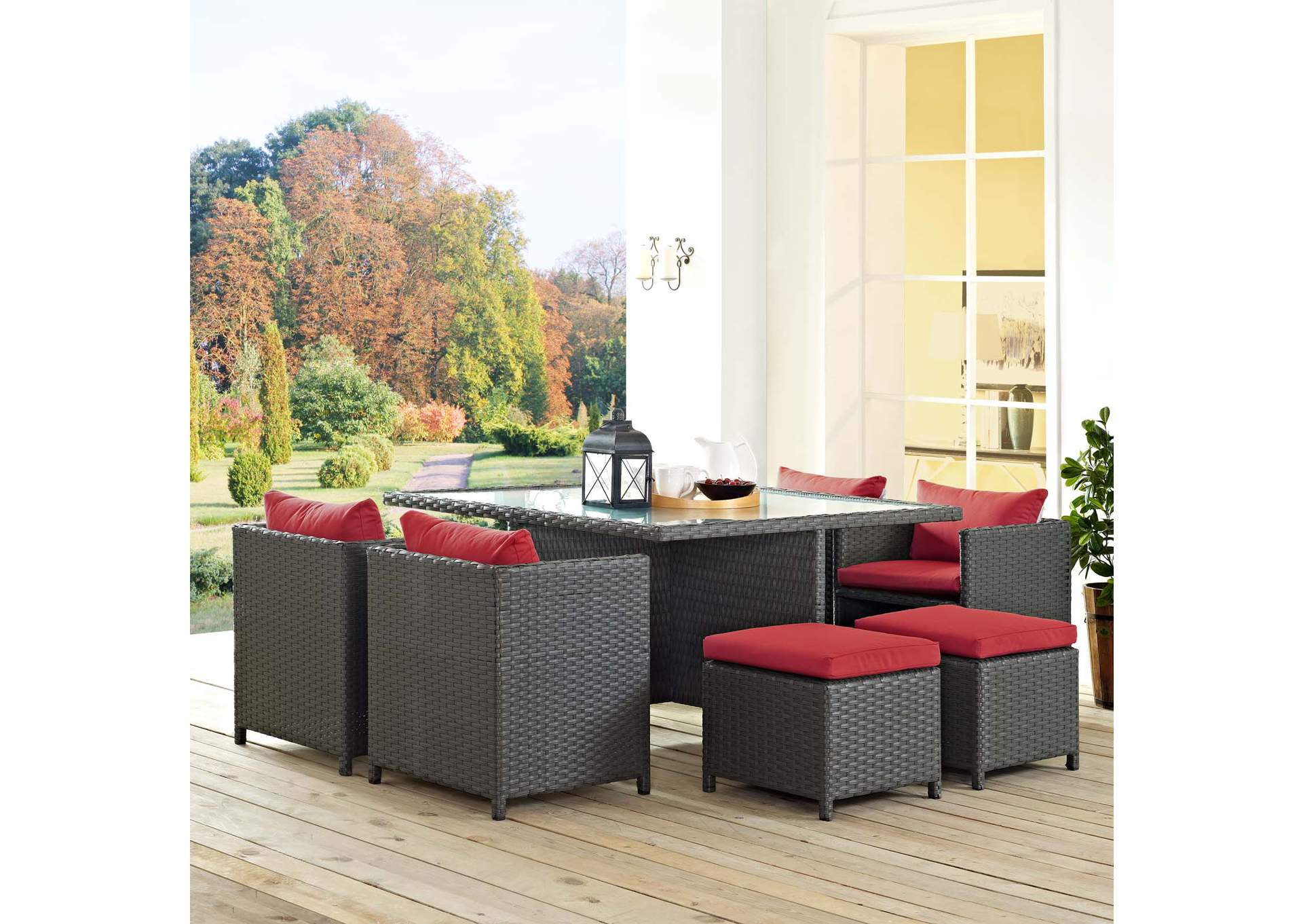 Canvas Red Sojourn 9 Piece Outdoor Patio Sunbrella,Modway