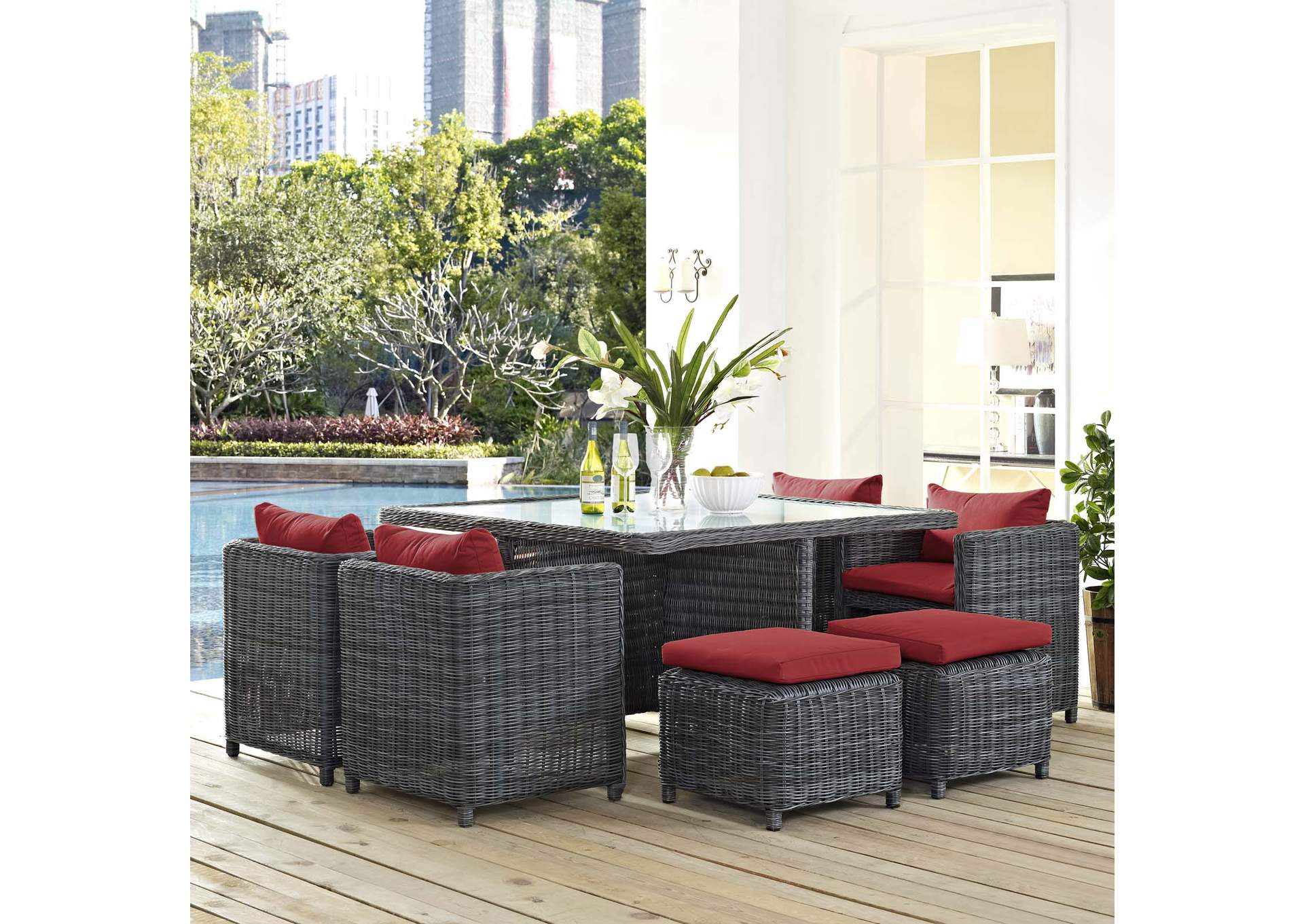 Canvas Red Summon 9 Piece Outdoor Patio Sunbrella,Modway