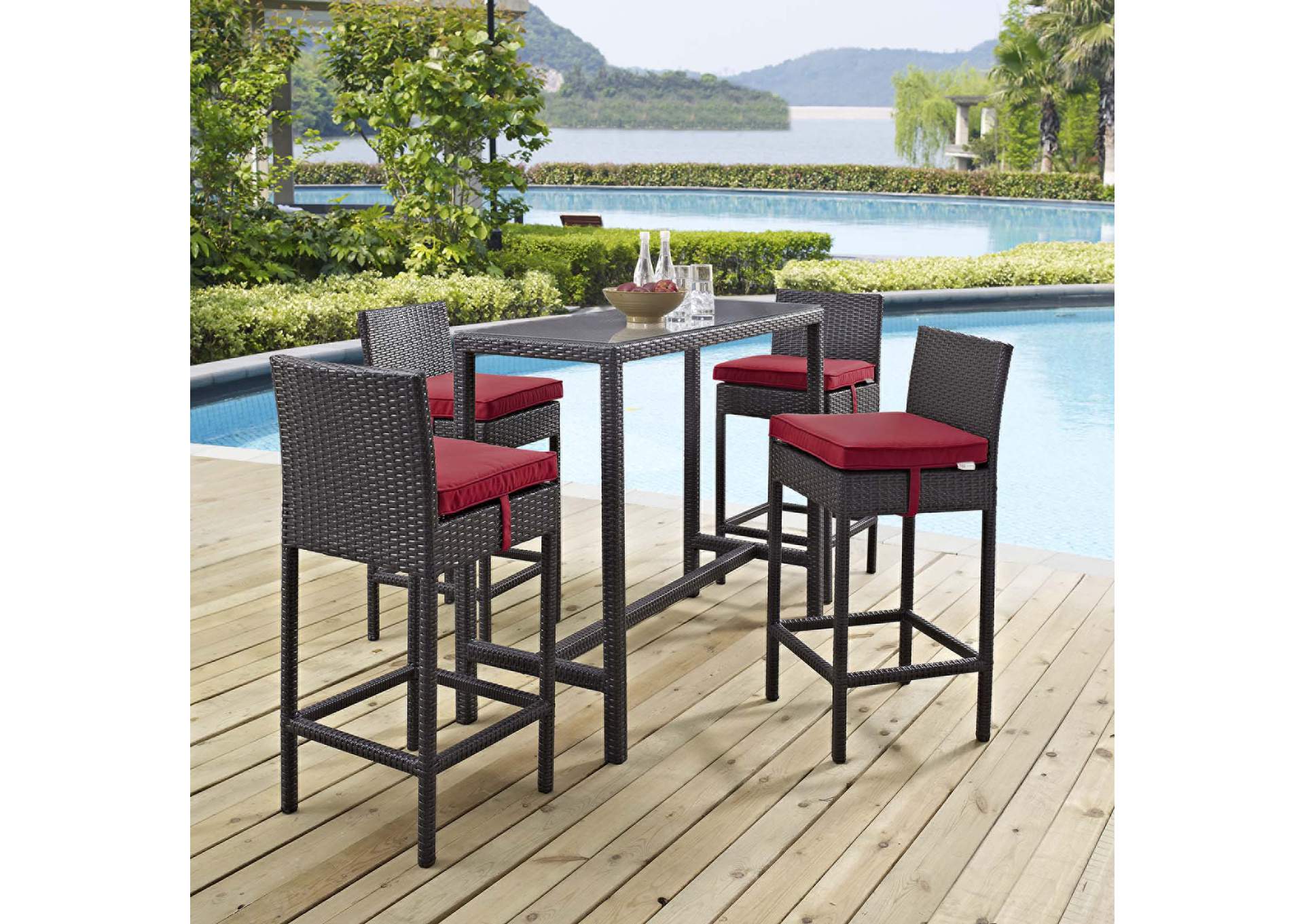 Espresso Red Convene 5 Piece Outdoor Patio Pub Set,Modway