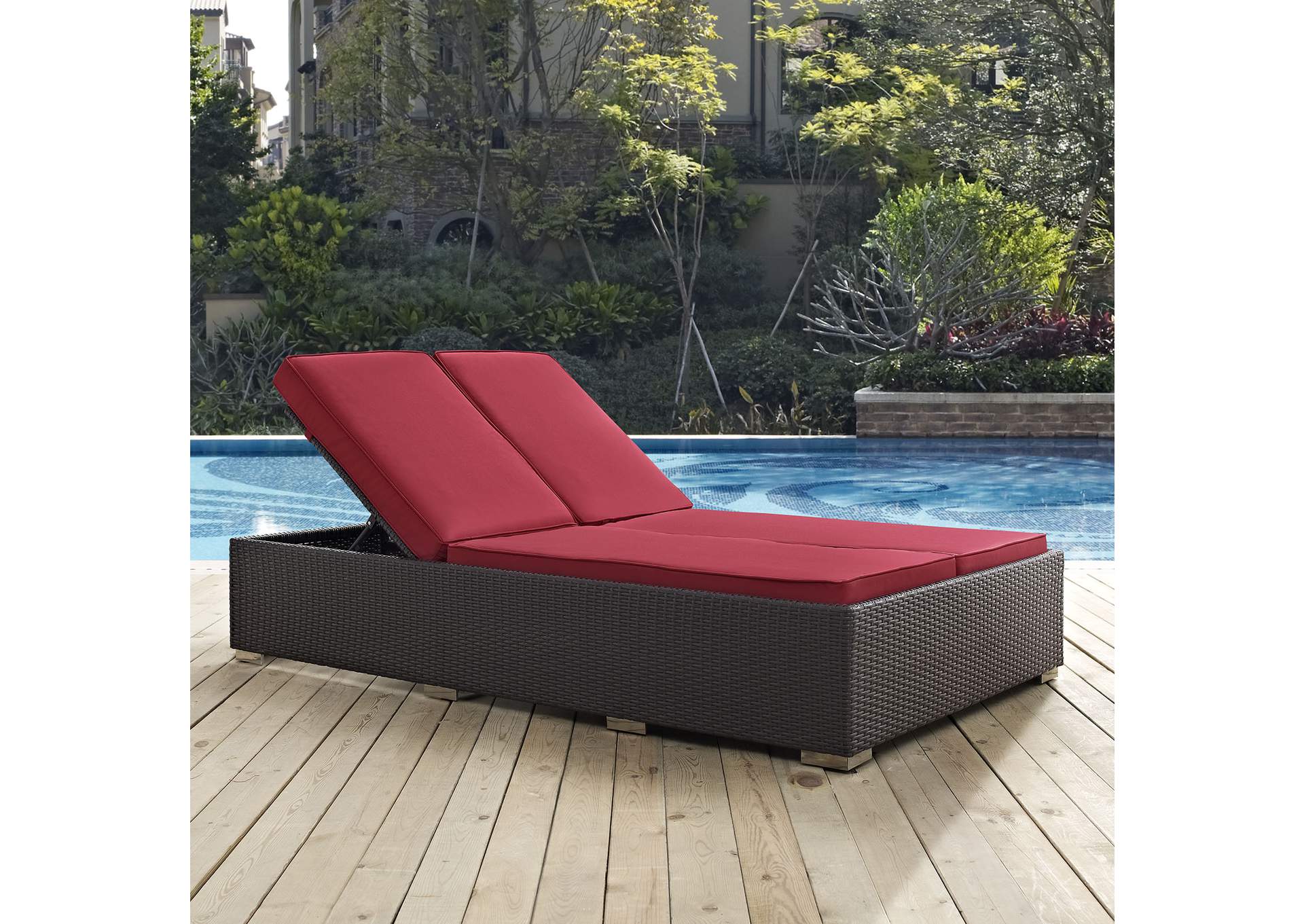 Espresso Red Convene Double Outdoor Patio Chaise,Modway