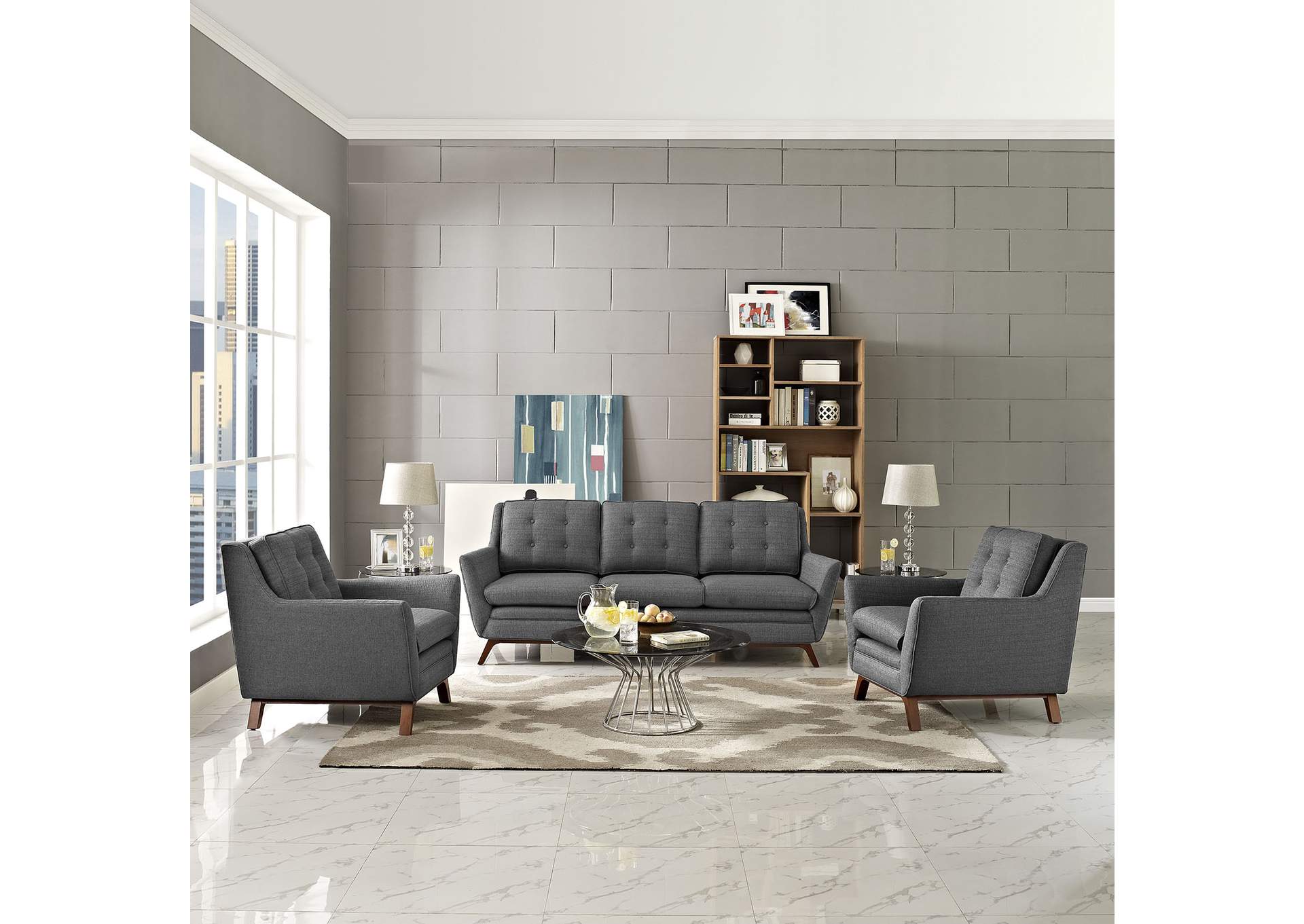 Gray Beguile 3 Piece Upholstered Fabric Living Room Set,Modway