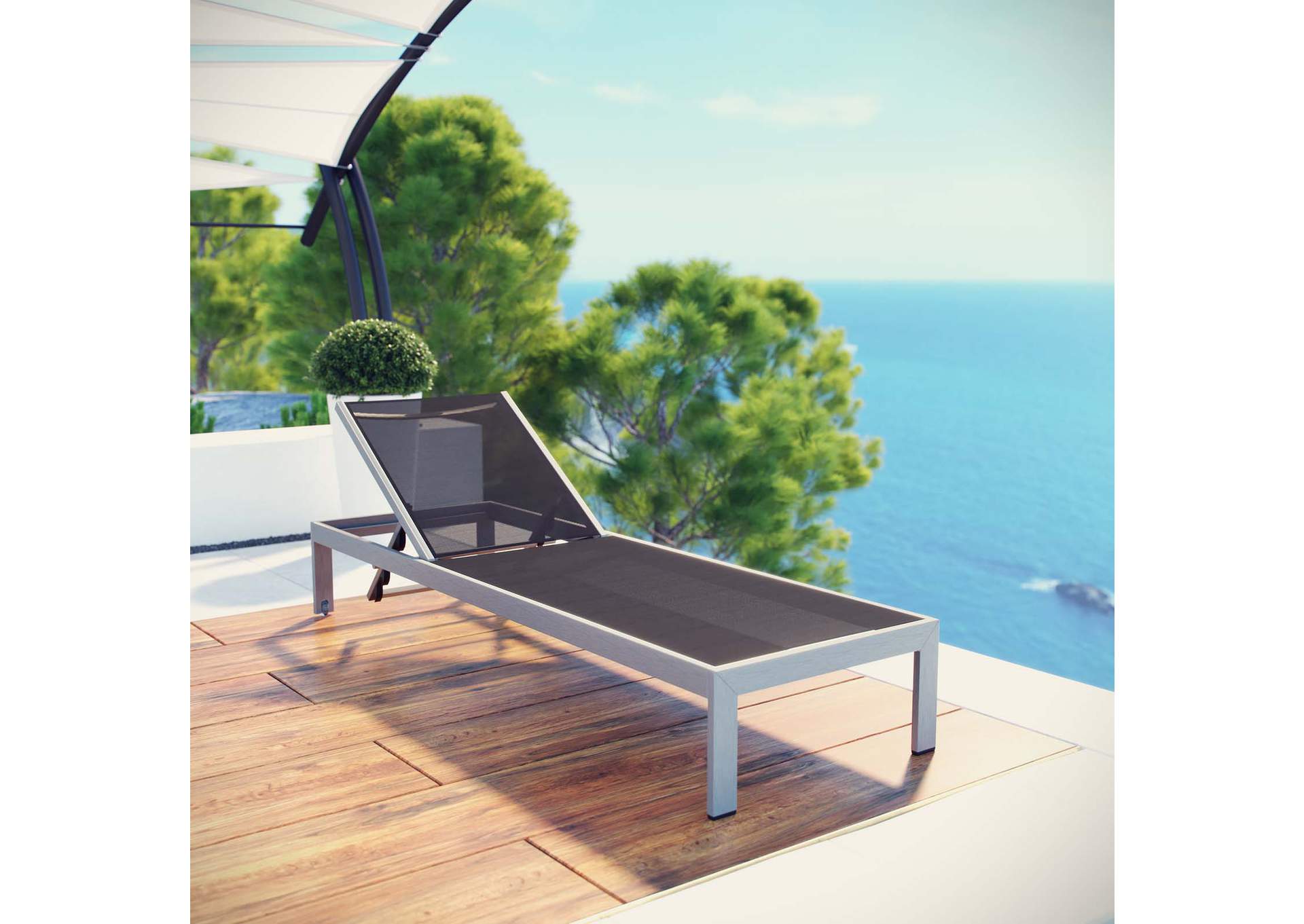 Silver Black Shore Outdoor Patio Aluminum Mesh Chaise,Modway