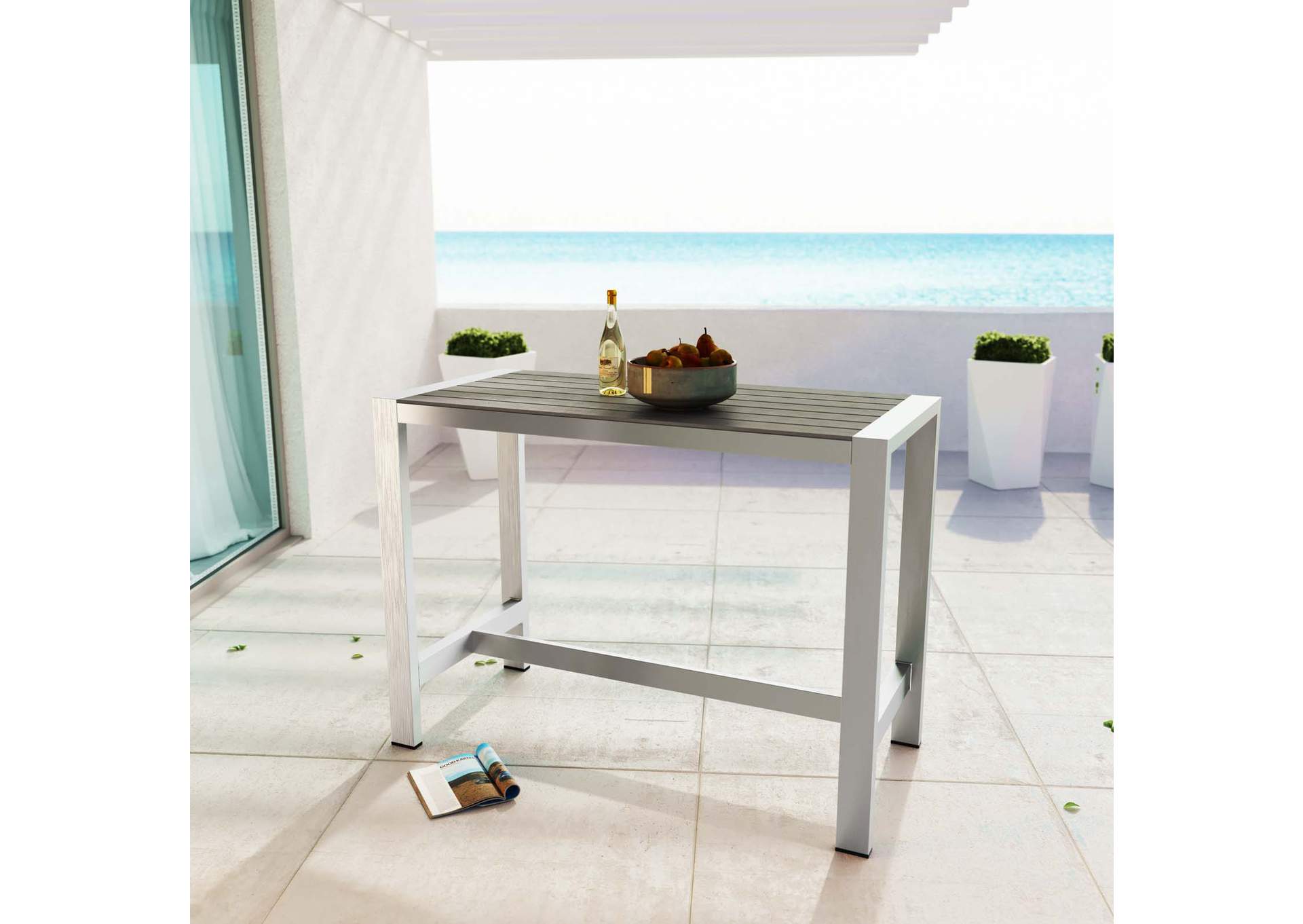 Silver Gray Shore Outdoor Patio Aluminum Rectangle Bar Table,Modway