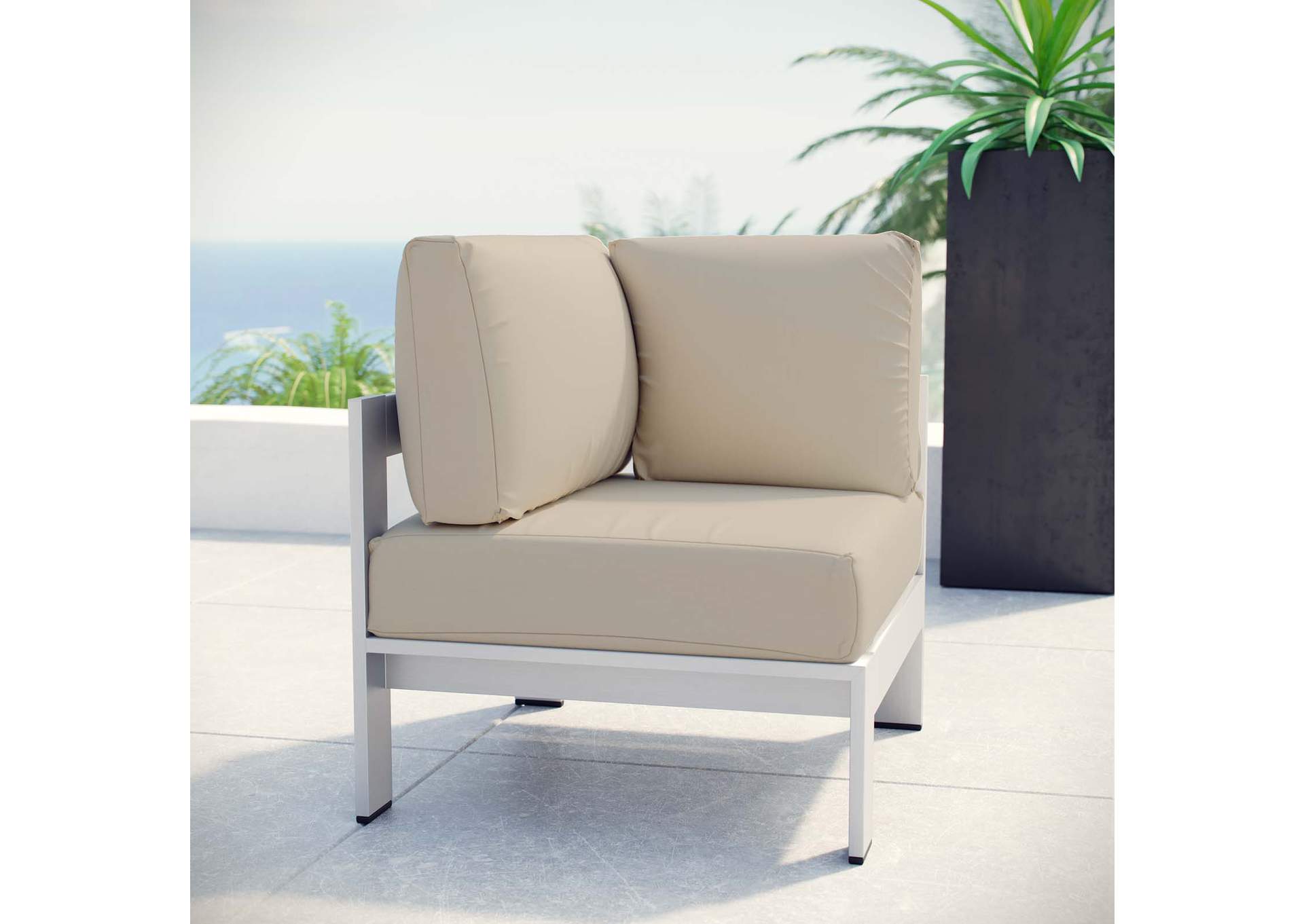 Silver Beige Shore Outdoor Patio Aluminum Corner Sofa,Modway