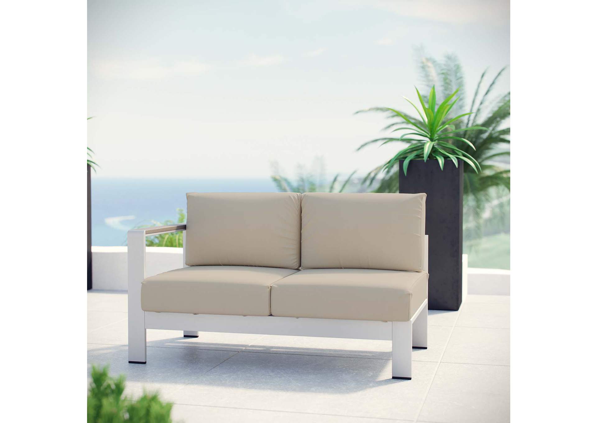 Silver Beige Shore Left-Arm Corner Sectional Outdoor Patio Aluminum Loveseat,Modway