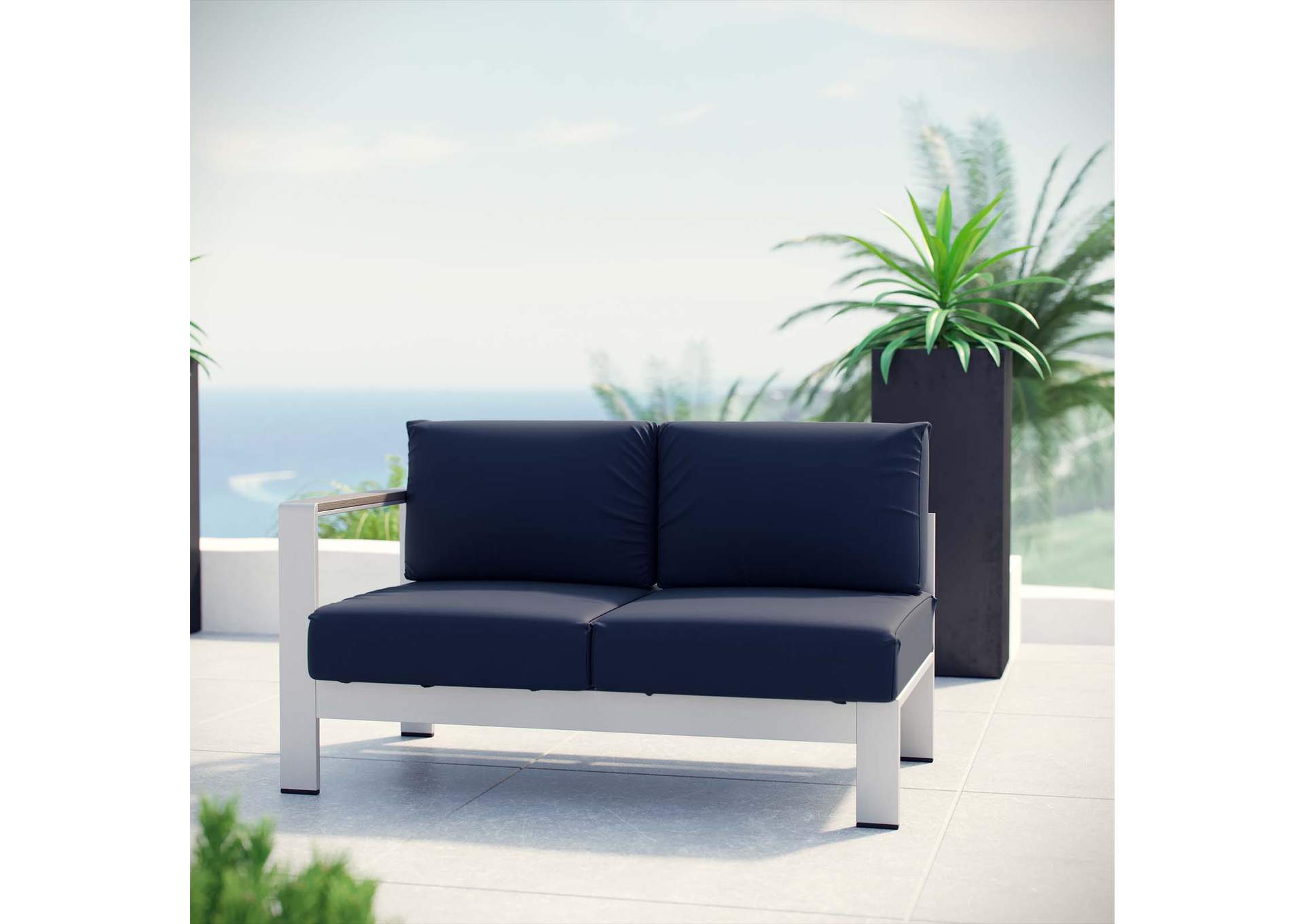 Silver Navy Shore Left-Arm Corner Sectional Outdoor Patio Aluminum Loveseat,Modway