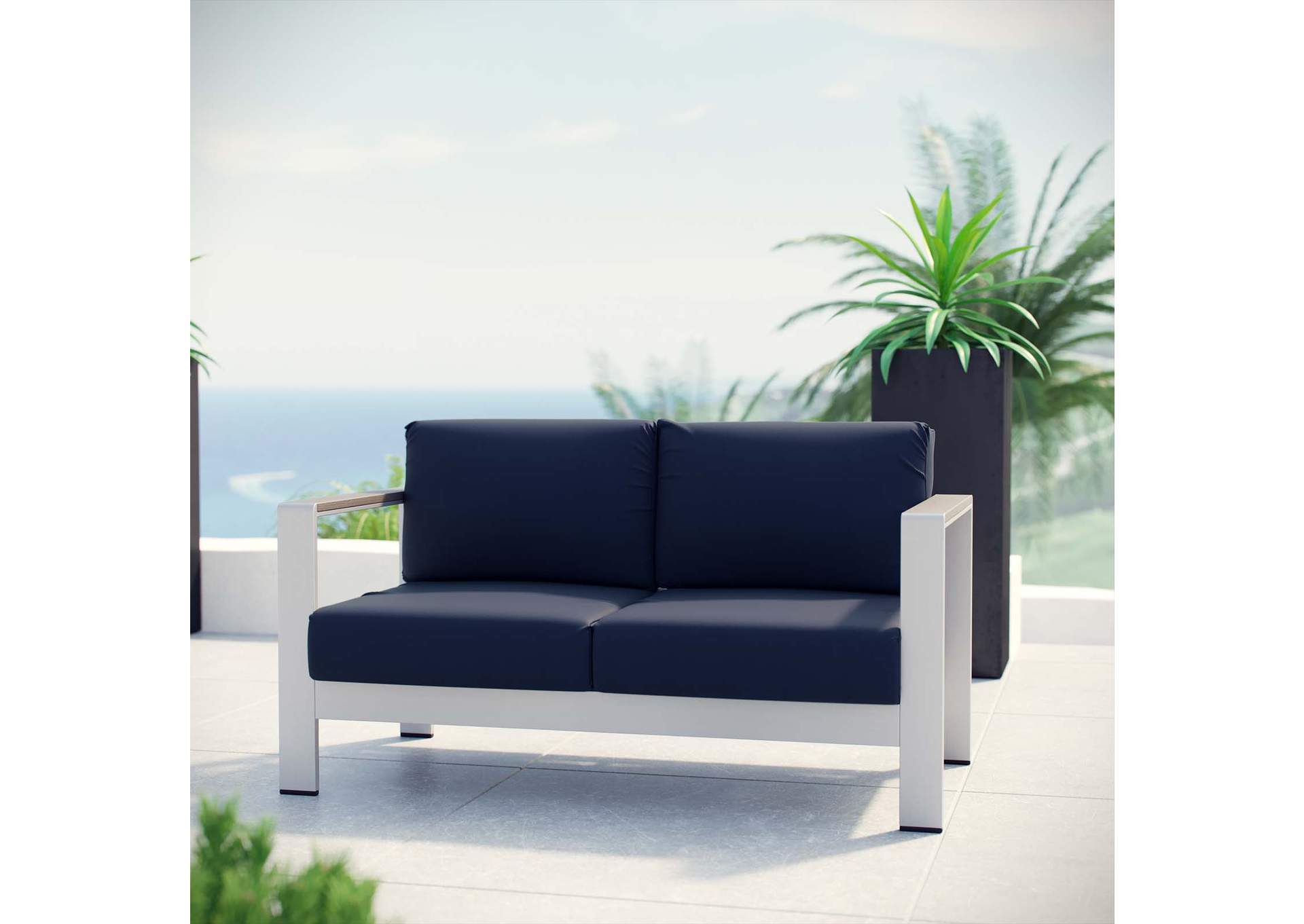 Silver Navy Shore Outdoor Patio Aluminum Loveseat,Modway