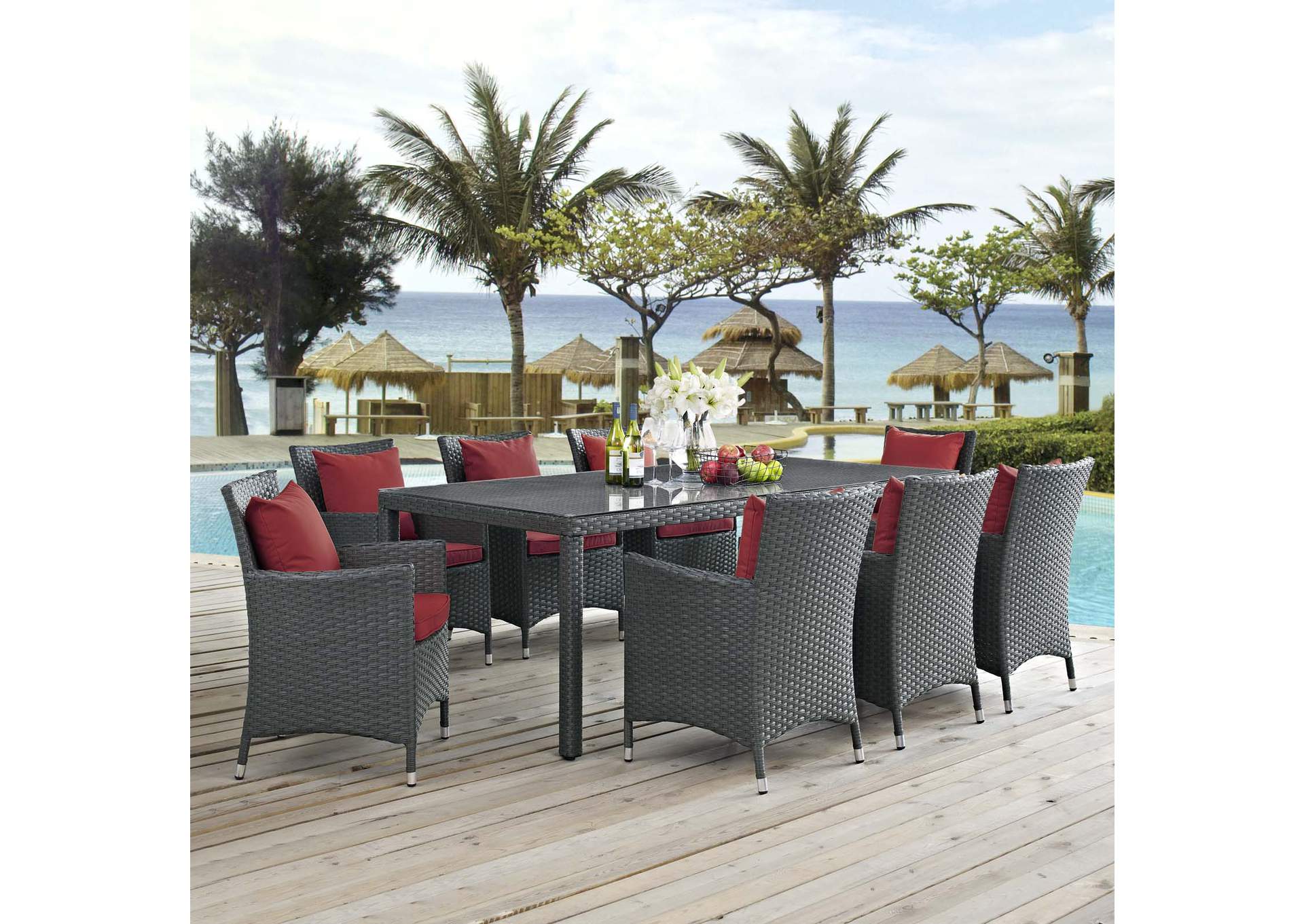 Canvas Red Sojourn 9 Piece Outdoor Patio Sunbrella,Modway