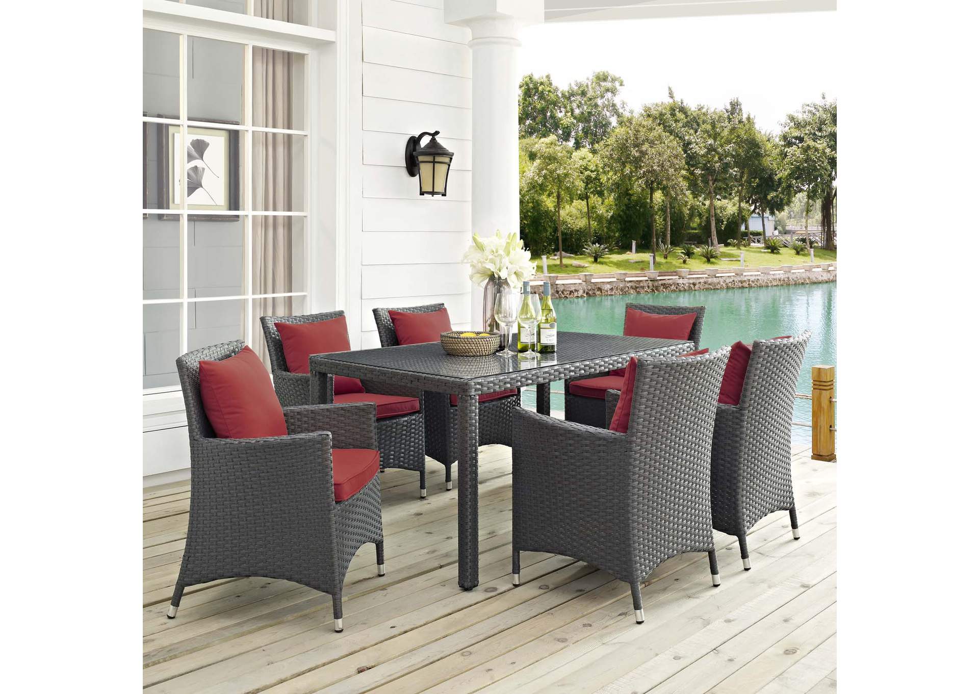 Canvas Red Sojourn 7 Piece Outdoor Patio Sunbrella,Modway