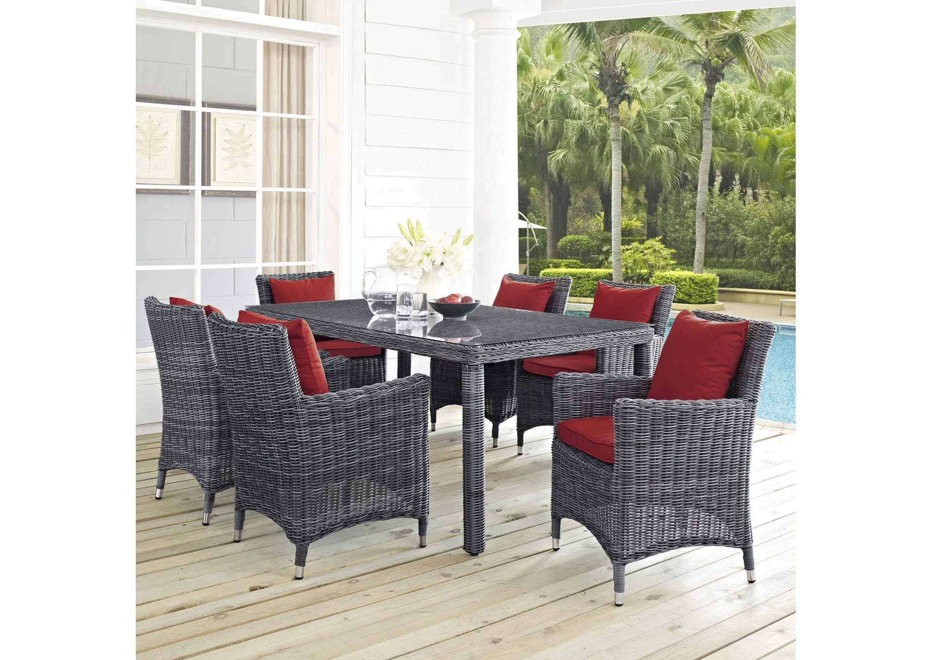 Canvas Red Summon 7 Piece Outdoor Patio Sunbrella,Modway