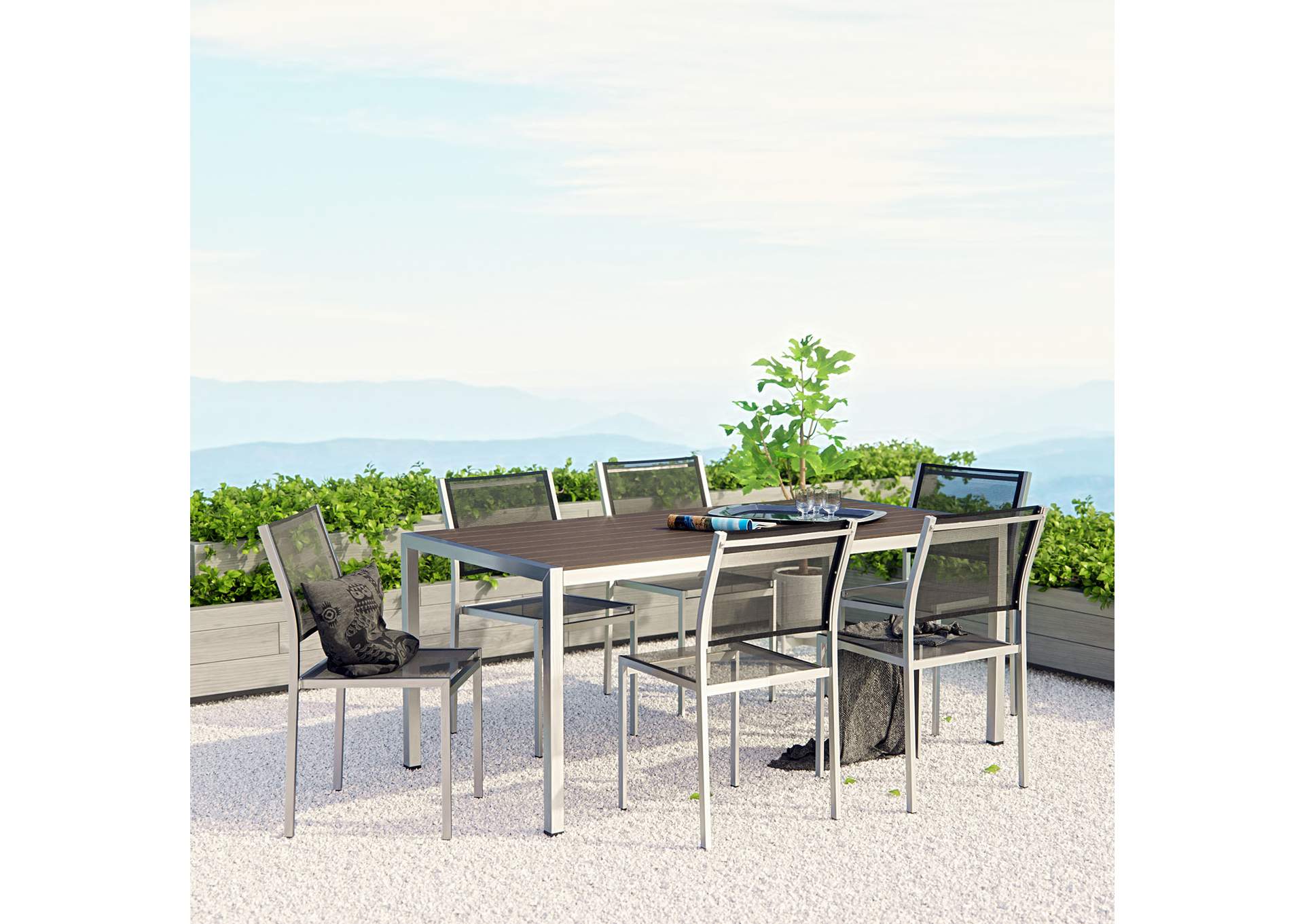 Silver Black Shore 7 Piece Outdoor Patio Aluminum Dining Set,Modway