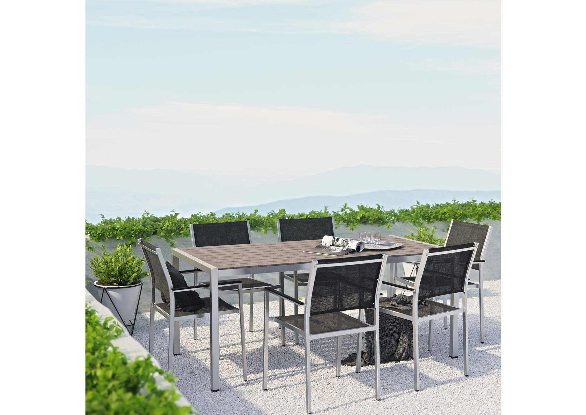 Silver Black Shore 7 Piece Outdoor Patio Aluminum Dining Set,Modway