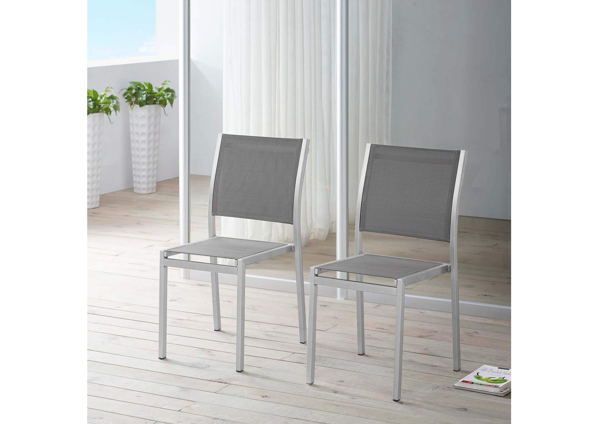 Silver Gray Shore Side Chair Outdoor Patio Aluminum [Set of 2],Modway