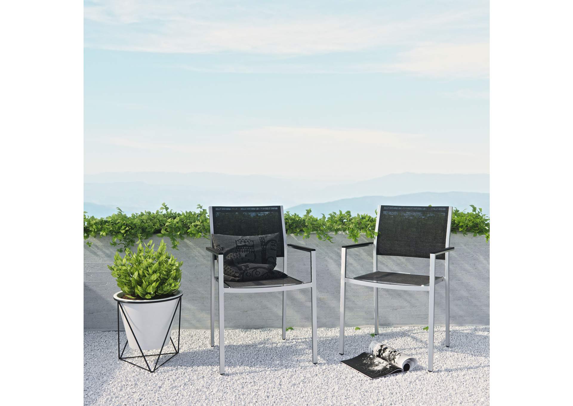 Silver Black Shore Dining Chair Outdoor Patio Aluminum [Set of 2],Modway