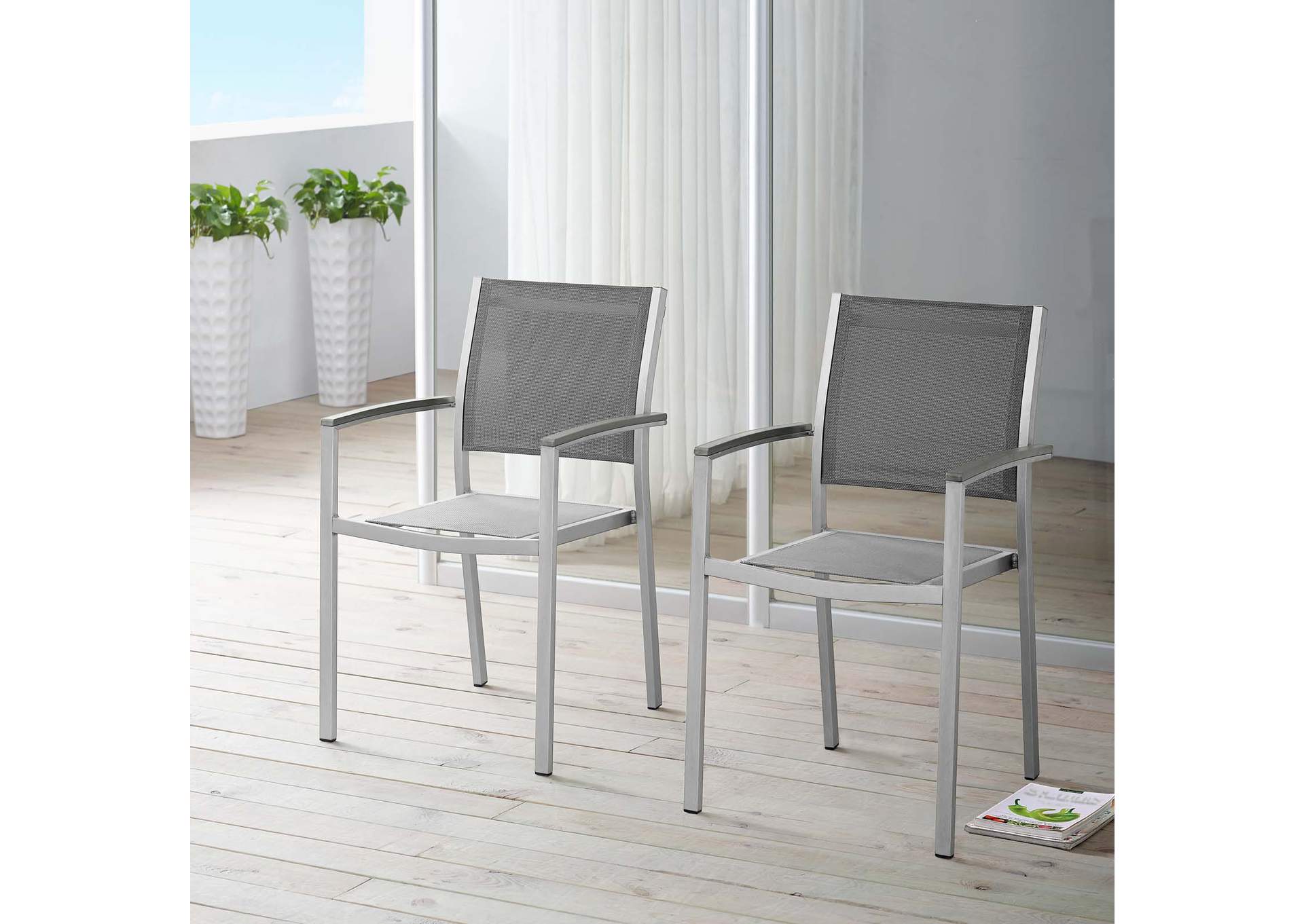 Silver Gray Shore Dining Chair Outdoor Patio Aluminum [Set of 2],Modway