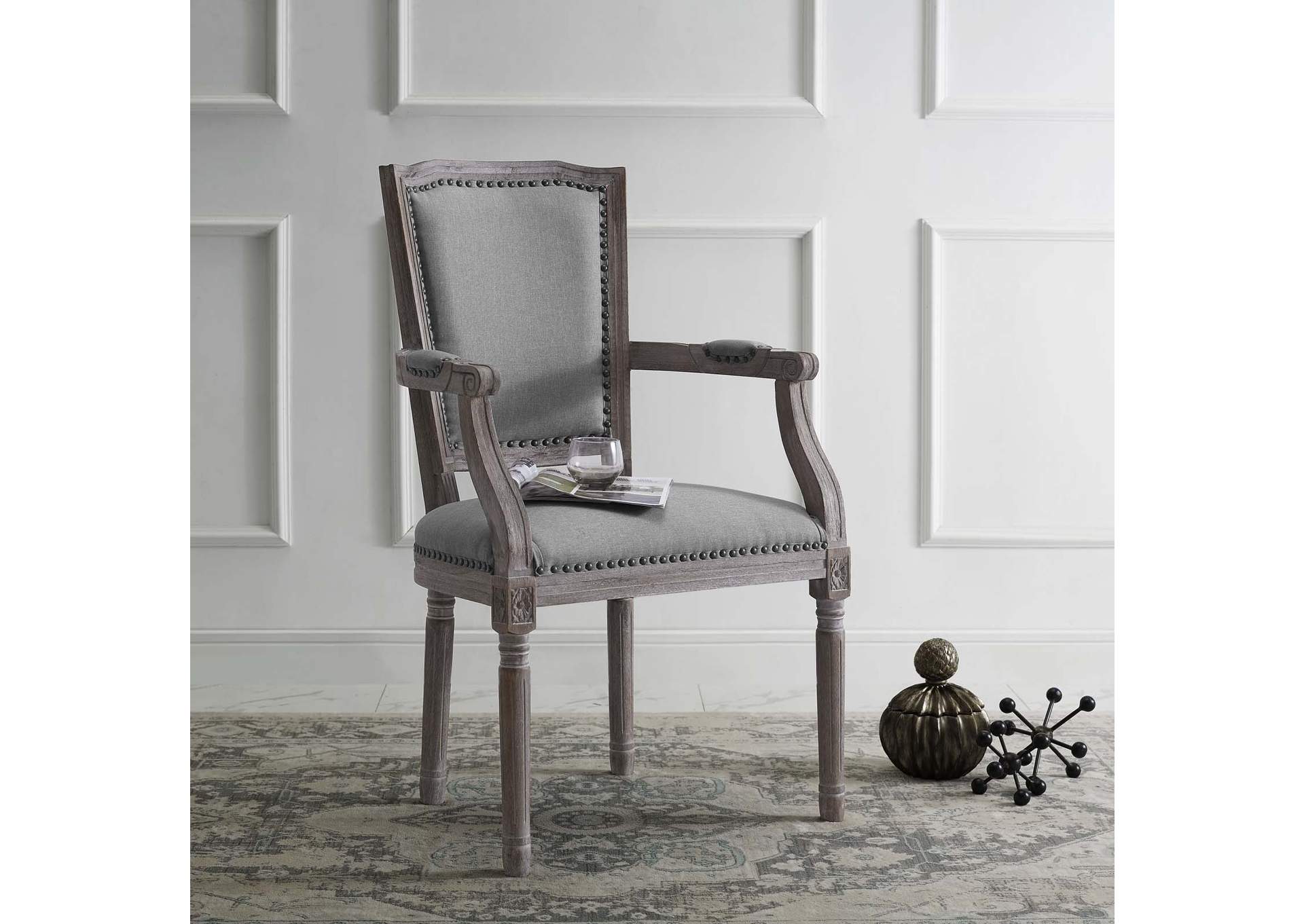 Light Gray Penchant Vintage French Upholstered Fabric Arm Dining Chair,Modway