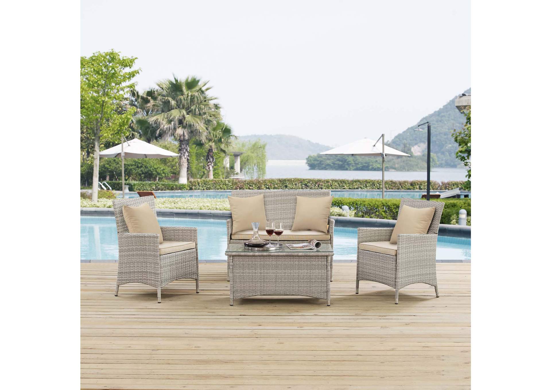 Light Gray Beige Bridge 4 Piece Outdoor Patio Patio Conversation Set with Pillow Set,Modway