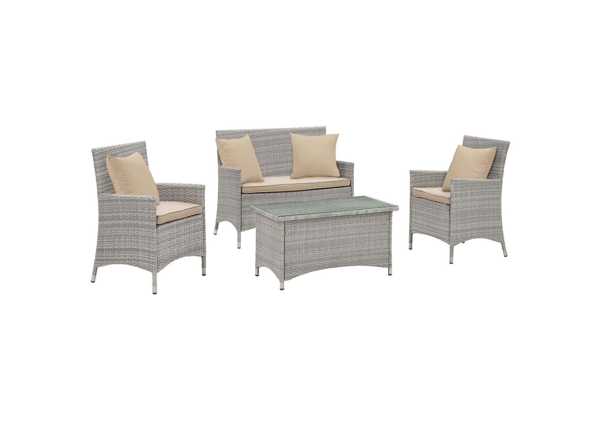 Light Gray Beige Bridge 4 Piece Outdoor Patio Patio Conversation Set with Pillow Set,Modway