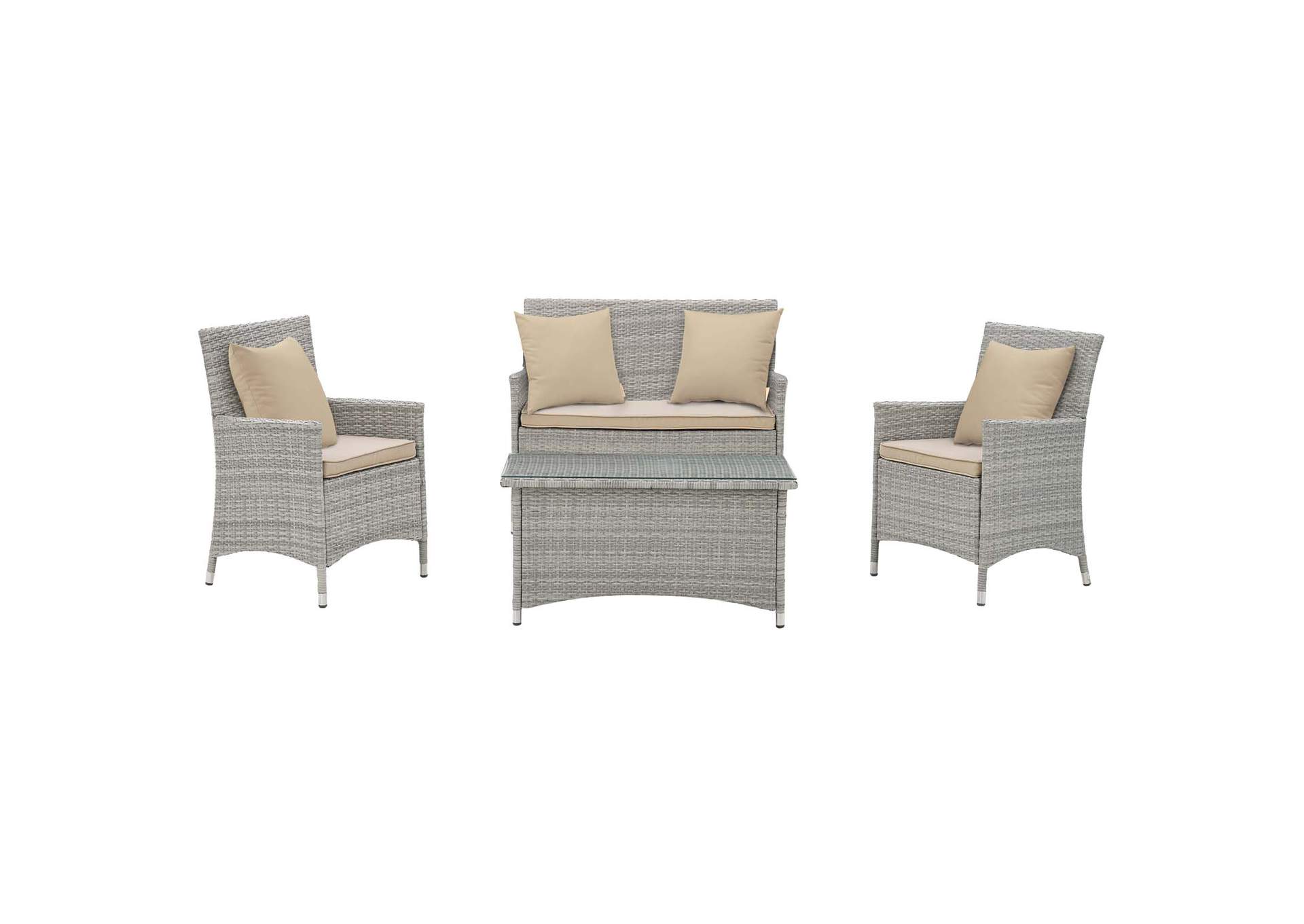 Light Gray Beige Bridge 4 Piece Outdoor Patio Patio Conversation Set with Pillow Set,Modway