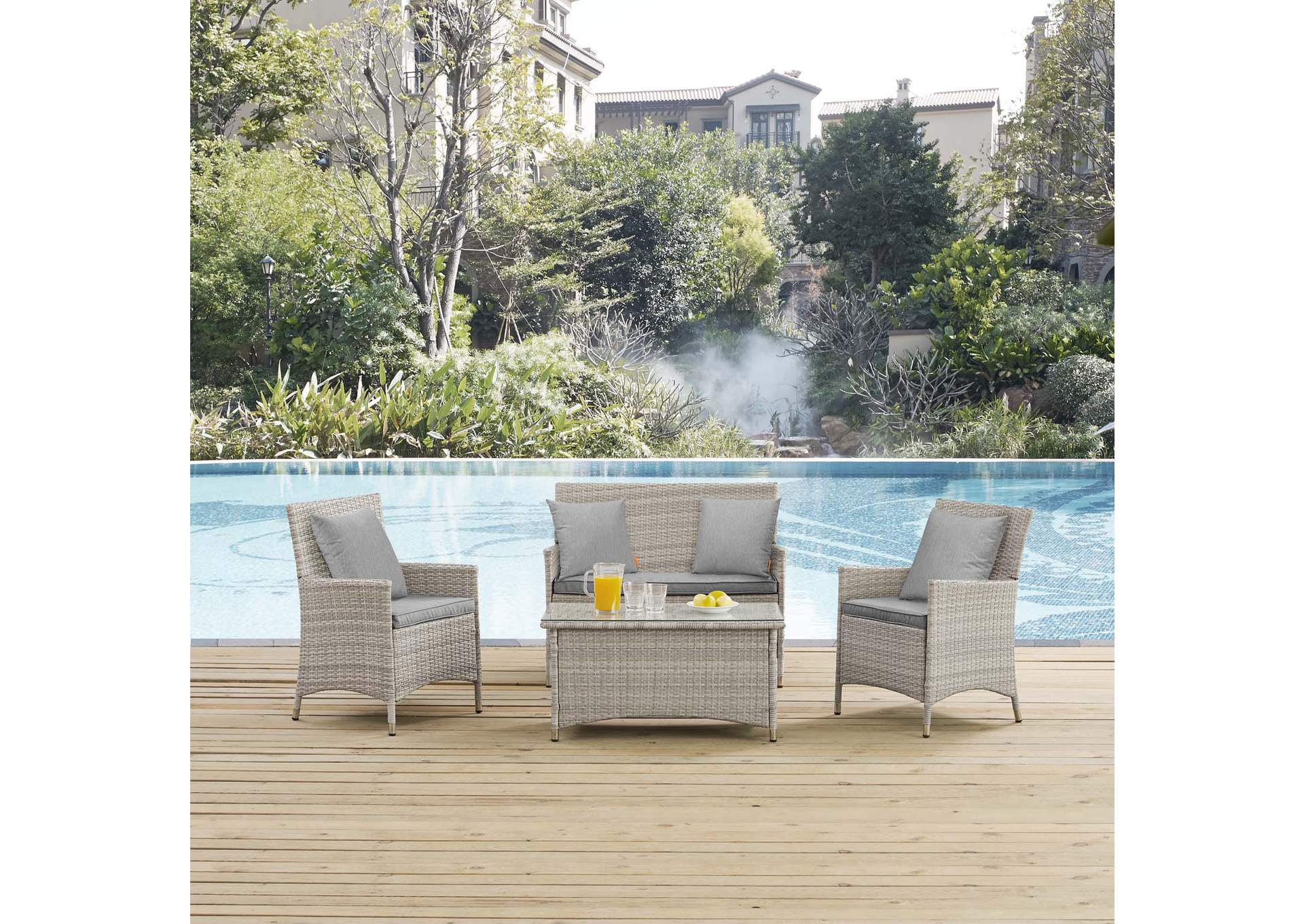 Light Gray Gray Bridge 4 Piece Outdoor Patio Patio Conversation Set with Pillow Set,Modway