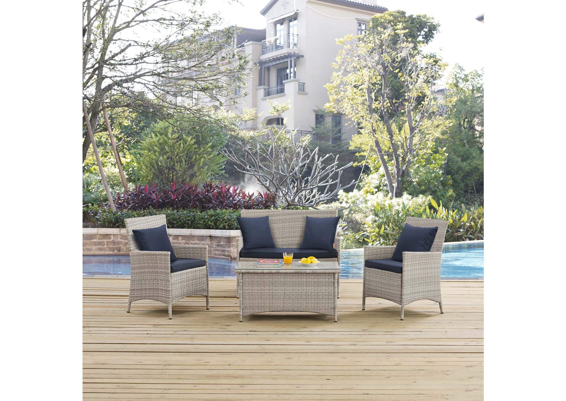 Light Gray Navy Bridge 4 Piece Outdoor Patio Patio Conversation Set with Pillow Set,Modway