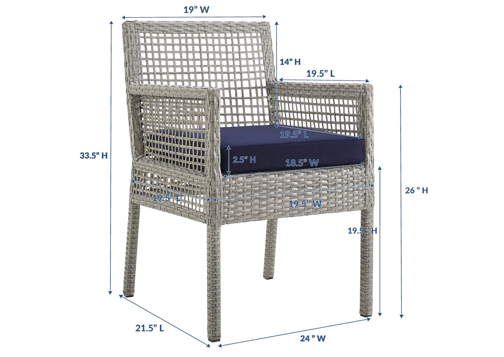 Gray Navy Aura Outdoor Patio Wicker Rattan Arm Dining Chair,Modway