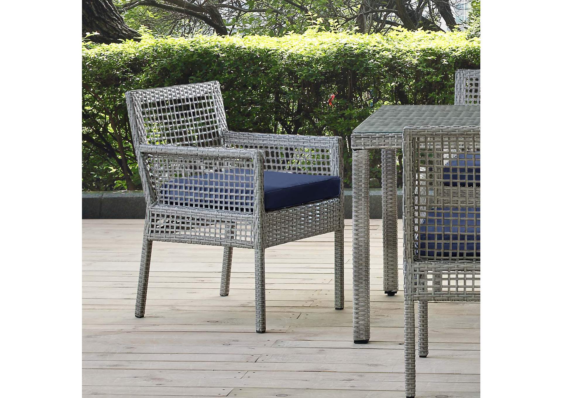 Gray Navy Aura Outdoor Patio Wicker Rattan Arm Dining Chair,Modway