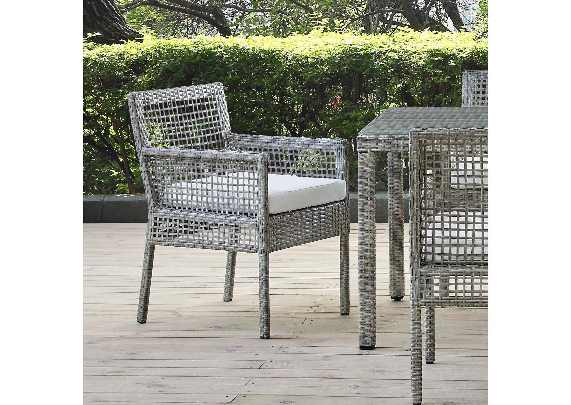 Gray White Aura Outdoor Patio Wicker Rattan Arm Dining Chair,Modway