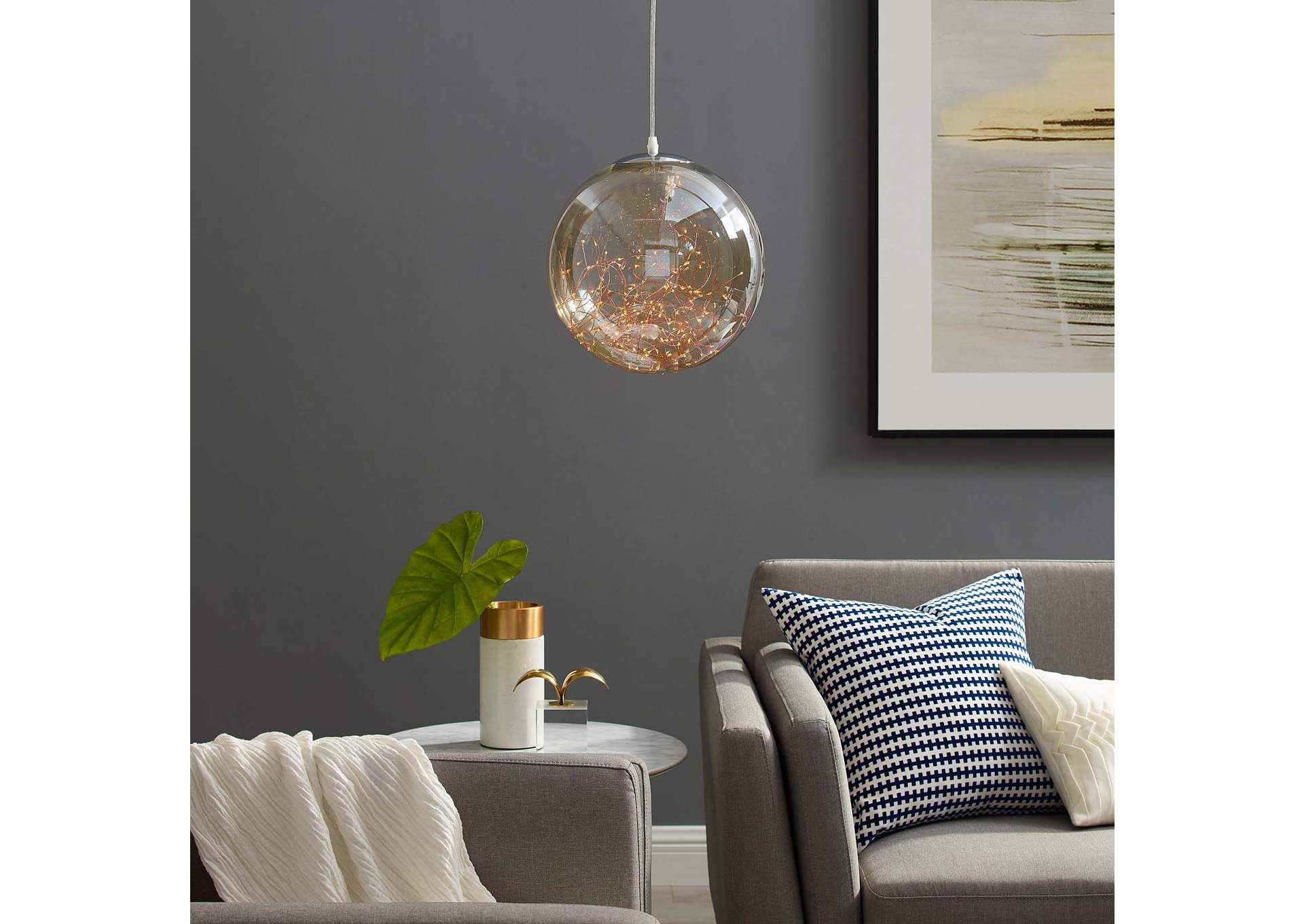 Fairy 8" Amber Glass Globe Ceiling Light Pendant Chandelier,Modway