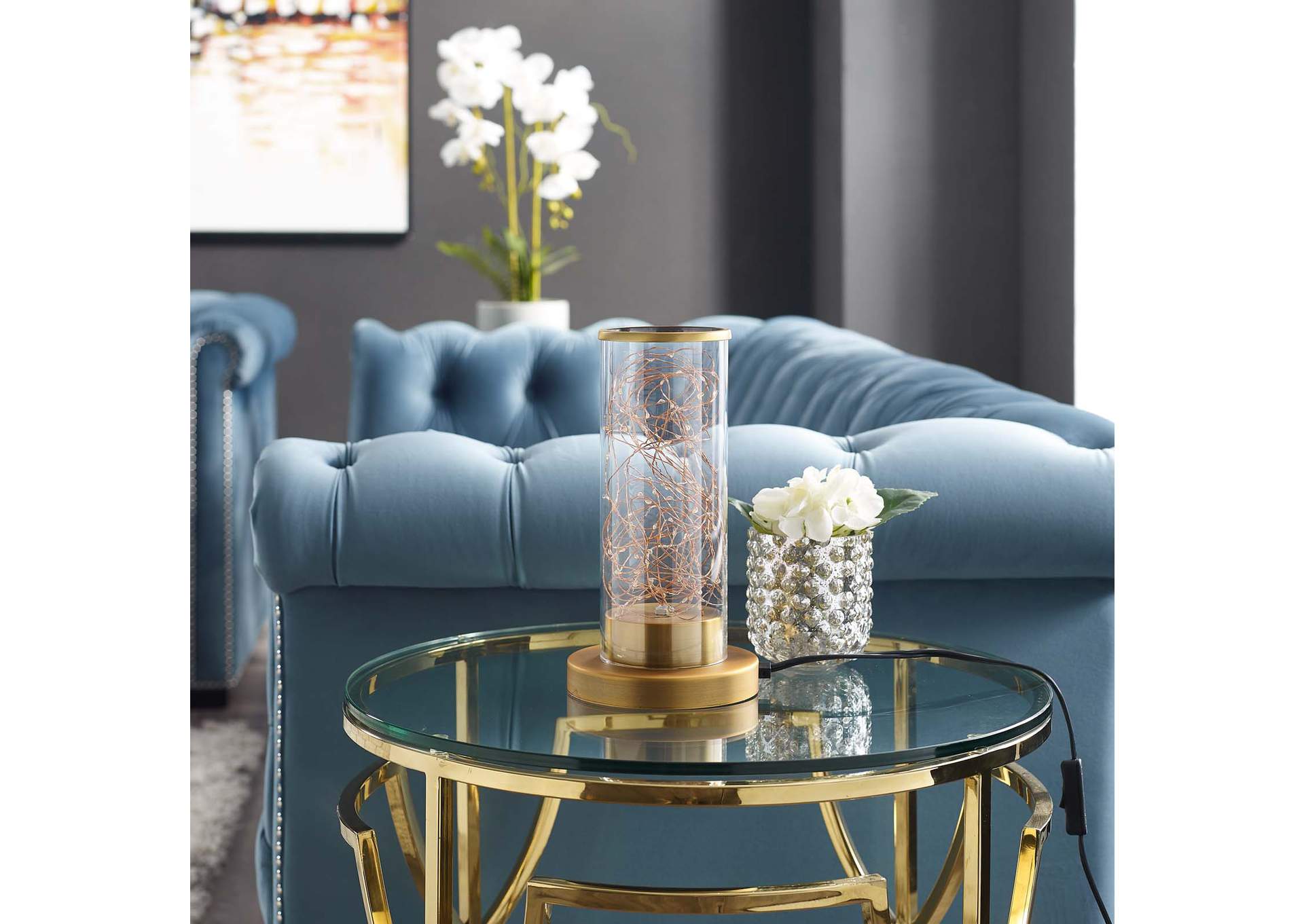 Adore Cylindrical-Shaped Clear Glass And Brass Table Lamp,Modway