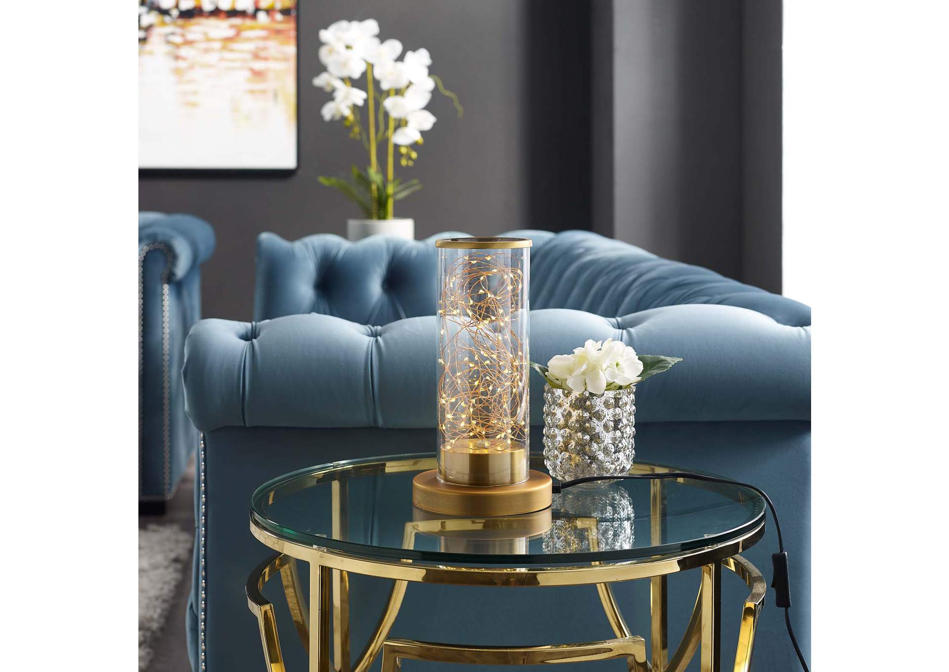 Adore Cylindrical-Shaped Clear Glass And Brass Table Lamp,Modway