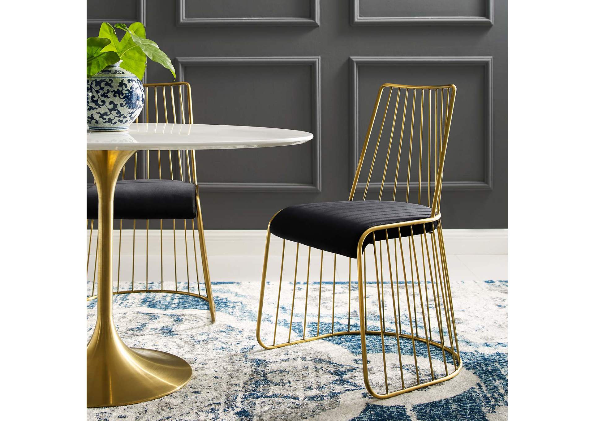 Gold Black Rivulet Gold Stainless Steel Performance Velvet Dining Chair,Modway