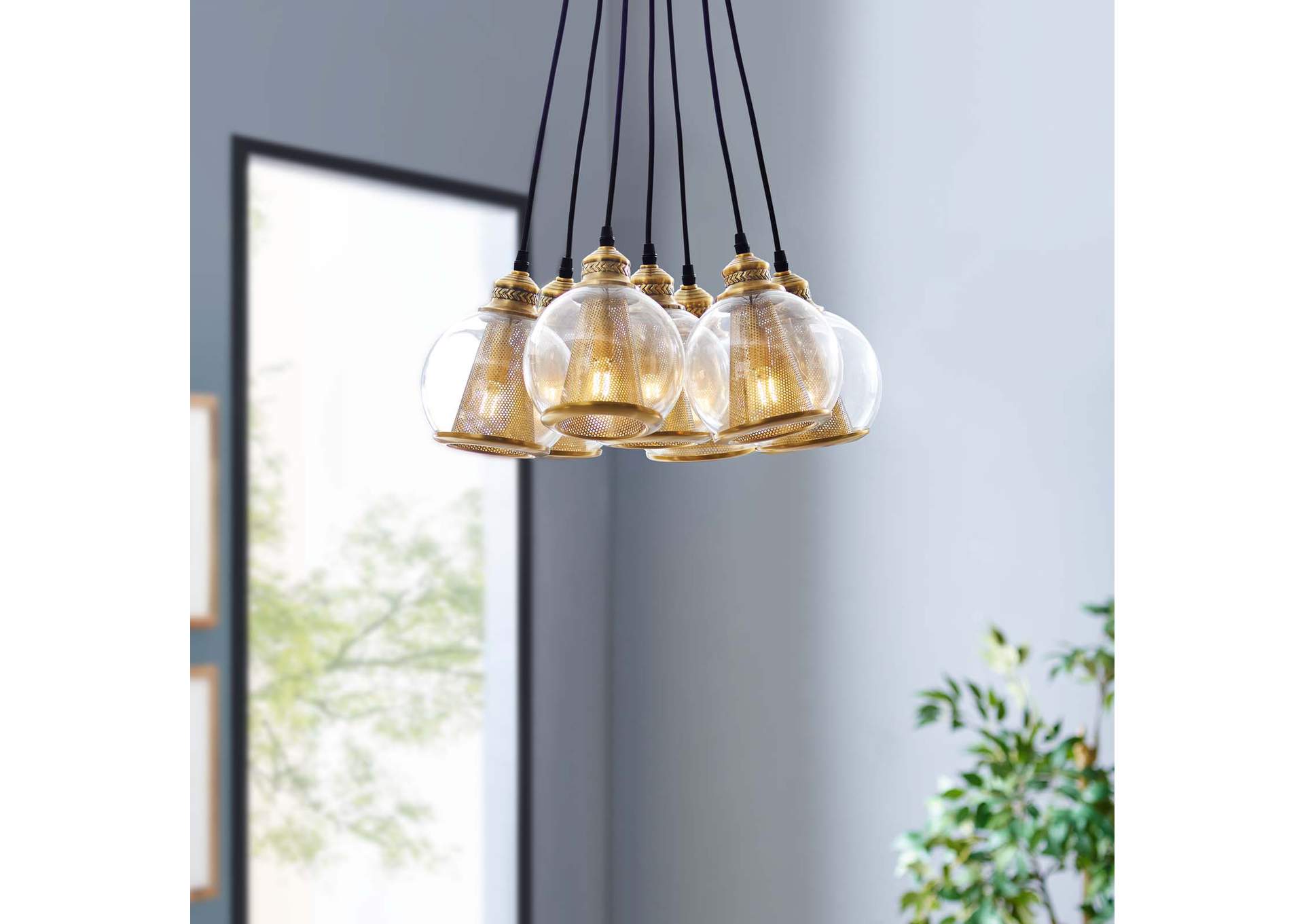 Peak Brass Cone and Glass Globe Cluster Pendant Chandelier,Modway