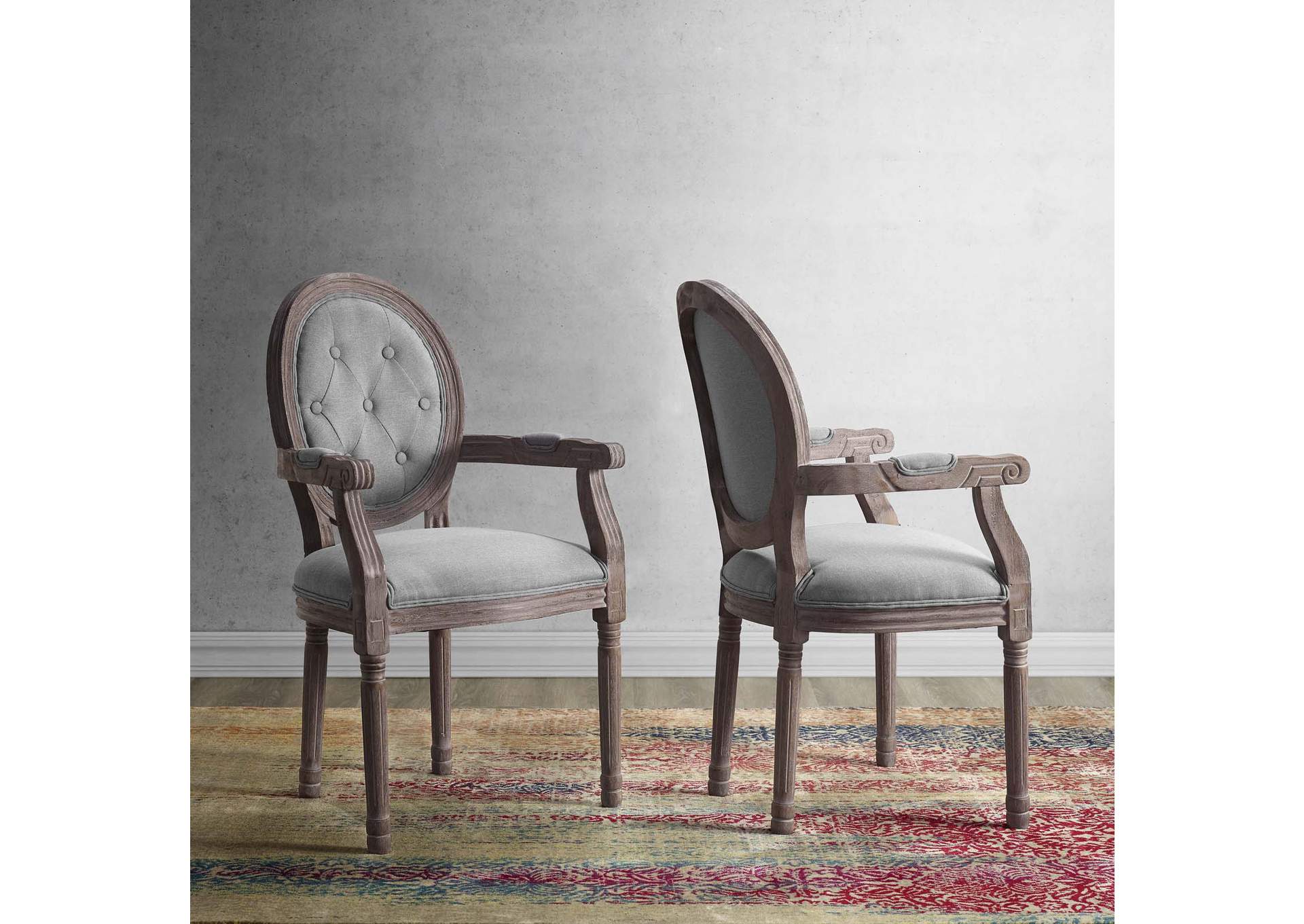 Light Gray Arise Vintage French Upholstered Fabric Arm Dining Chair [Set of 2],Modway