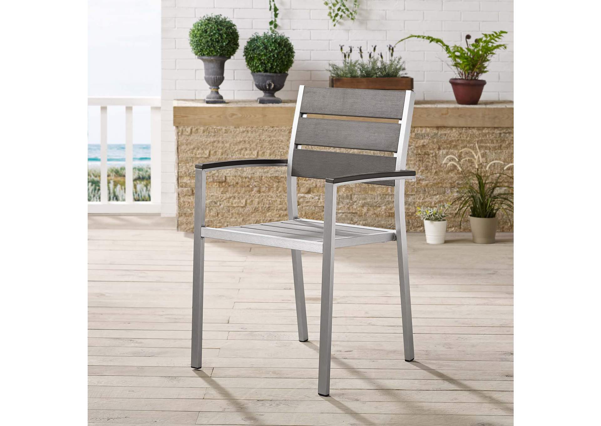 Silver Gray Shore Outdoor Patio Aluminum Arm Dining Chair,Modway