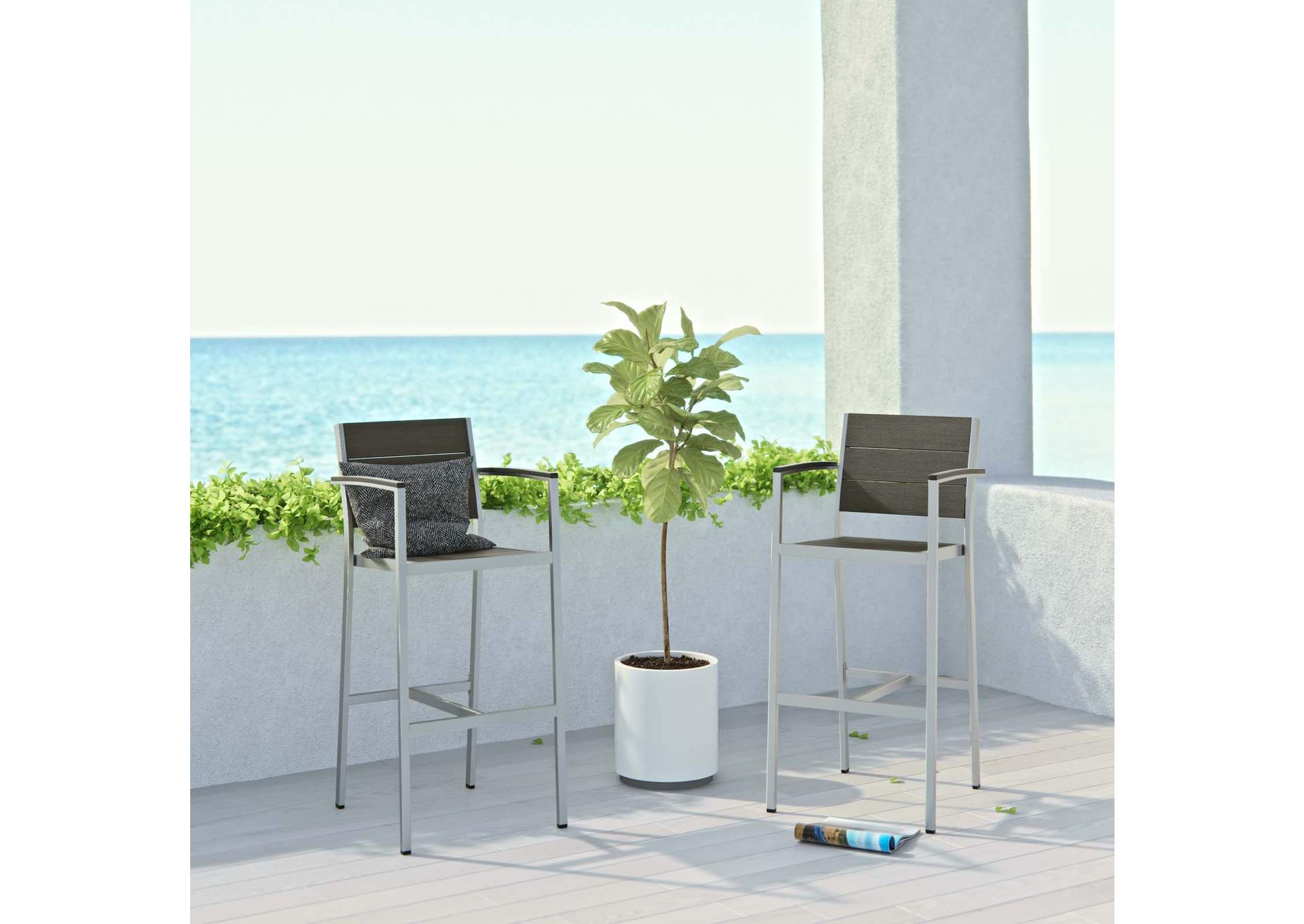 Silver Gray Shore Bar Stool Outdoor Patio Aluminum [Set of 2],Modway