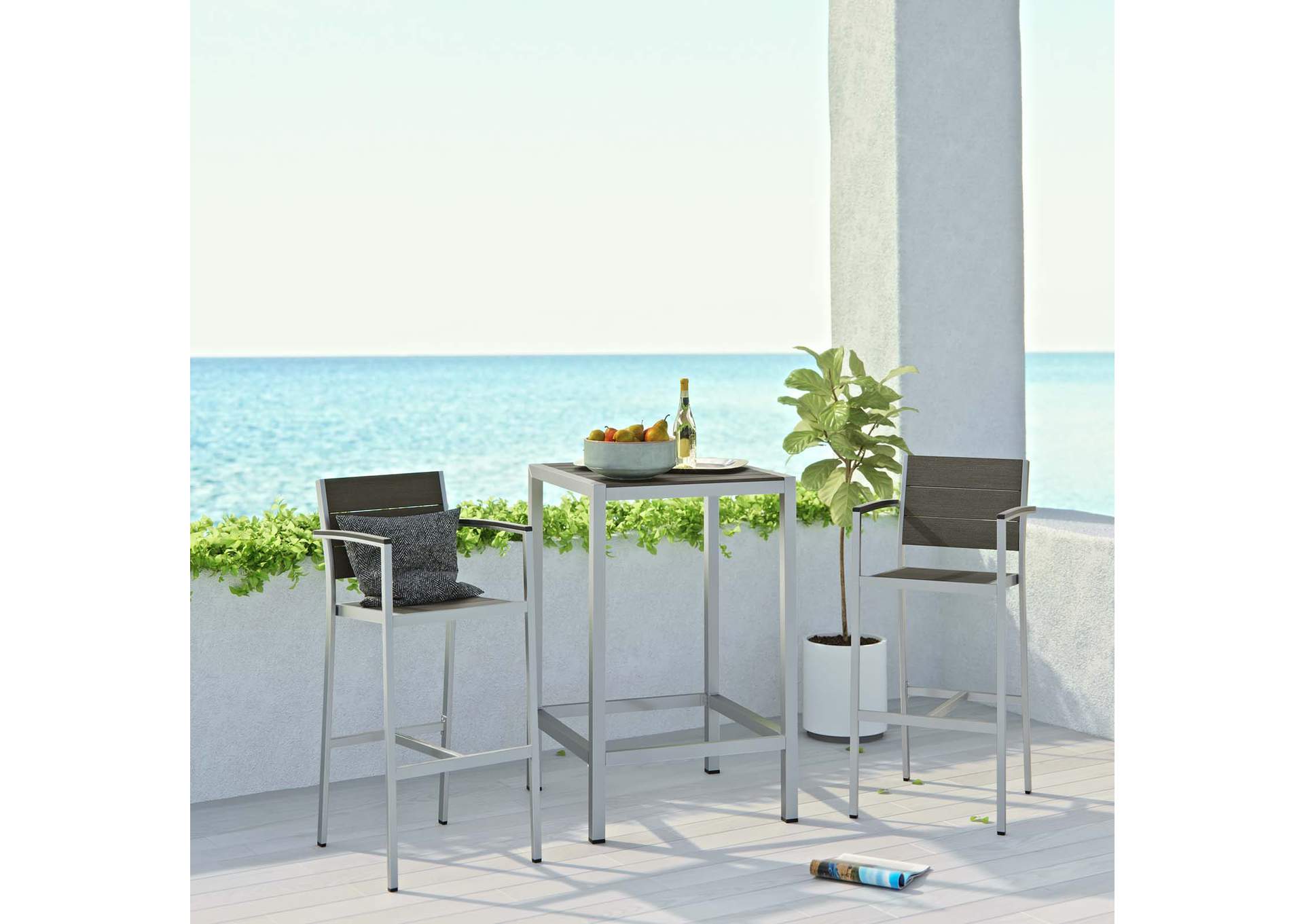 Silver Gray Shore 3 Piece Outdoor Patio Aluminum Pub Set,Modway