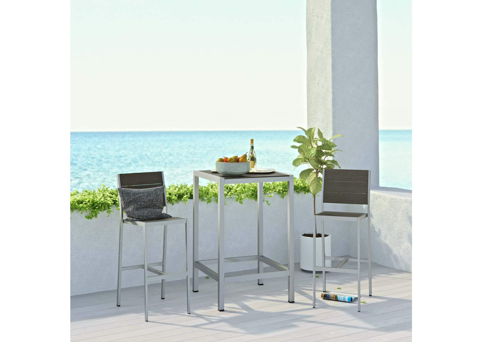 Silver Gray Shore 3 Piece Outdoor Patio Aluminum Pub Set,Modway