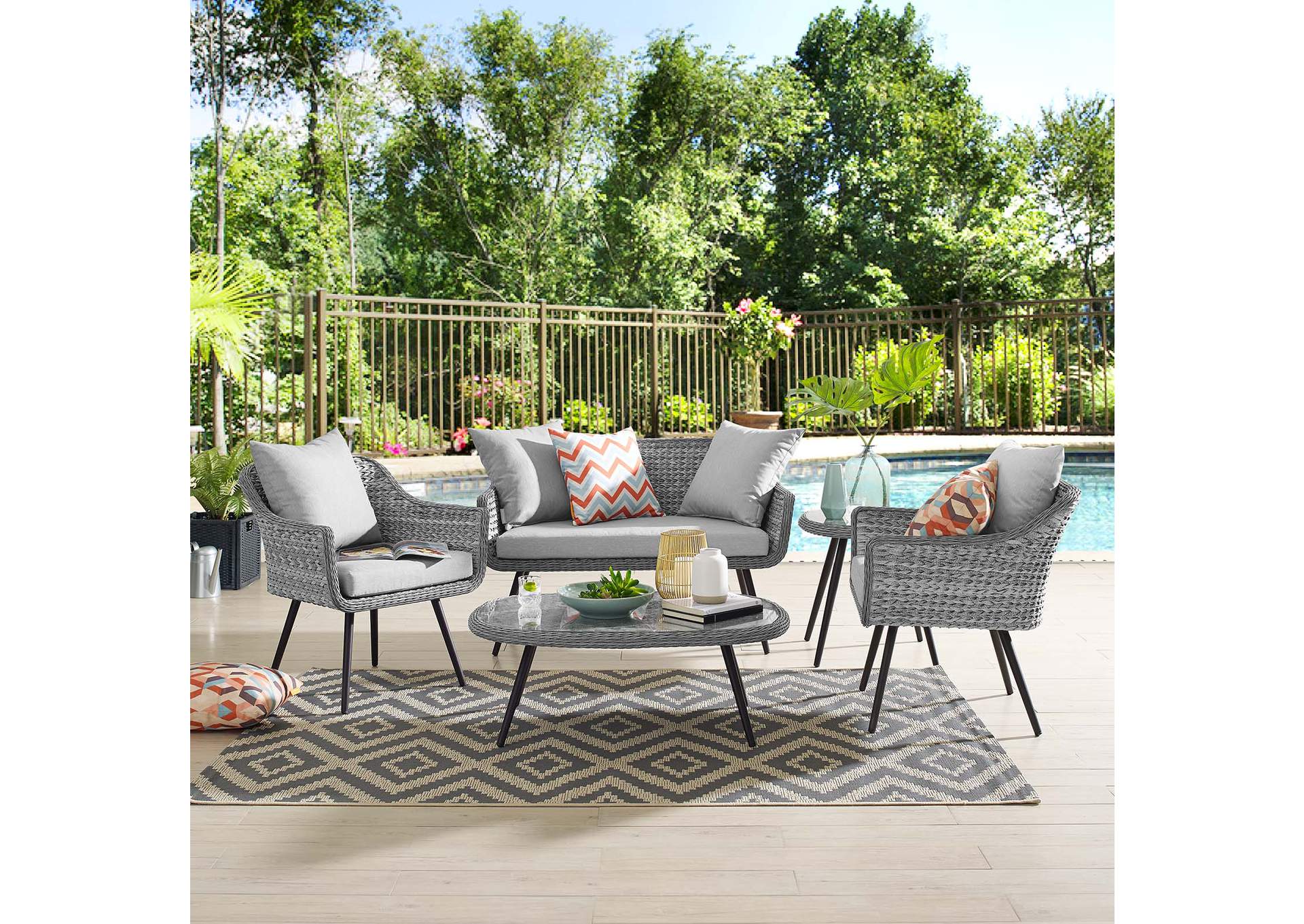 Gray Gray Endeavor 5 Piece Outdoor Patio Wicker Rattan Loveseat Armchair Coffee + Side Table Set,Modway