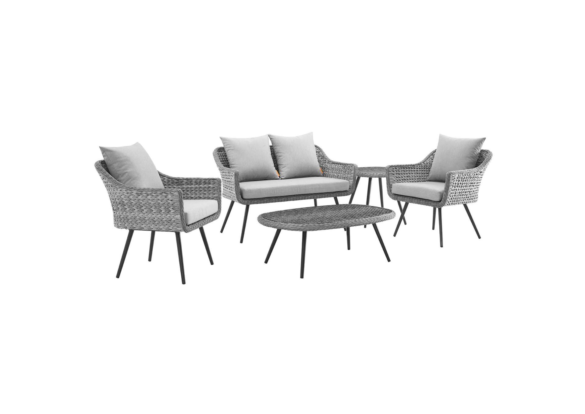 Gray Gray Endeavor 5 Piece Outdoor Patio Wicker Rattan Loveseat Armchair Coffee + Side Table Set,Modway