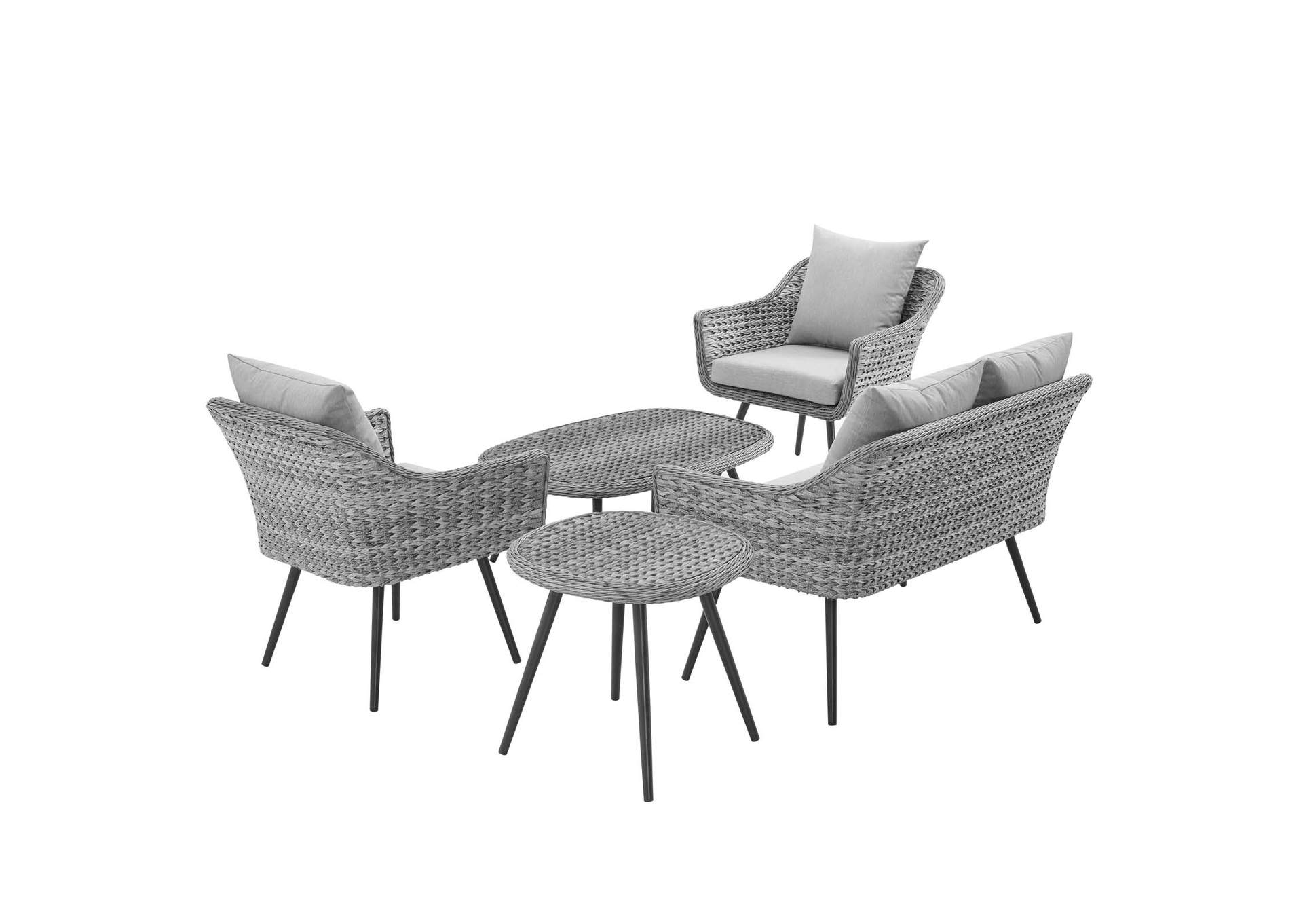 Gray Gray Endeavor 5 Piece Outdoor Patio Wicker Rattan Loveseat Armchair Coffee + Side Table Set,Modway