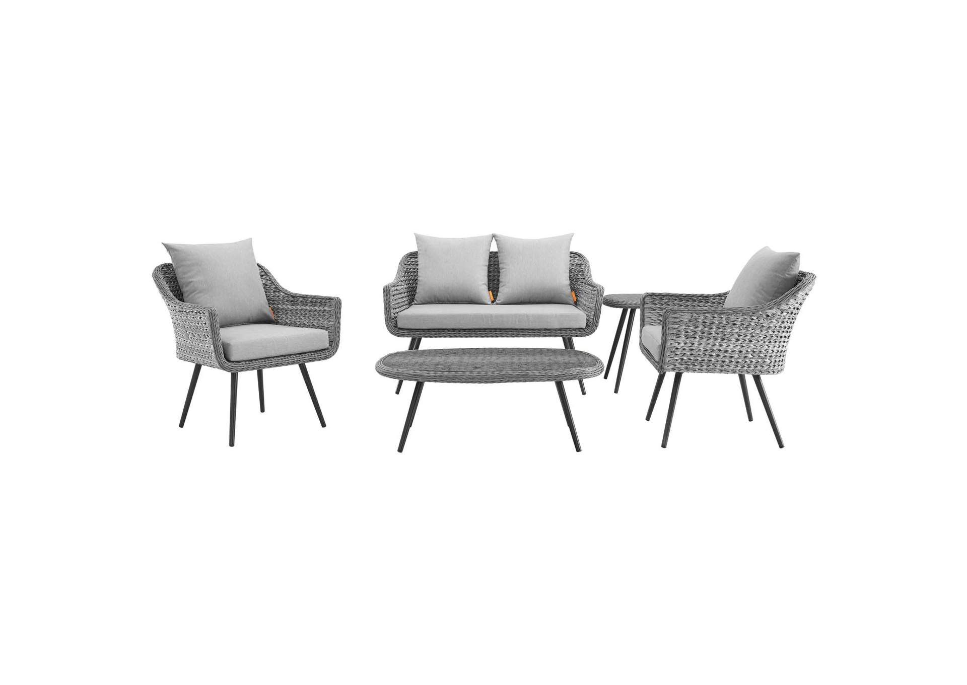 Gray Gray Endeavor 5 Piece Outdoor Patio Wicker Rattan Loveseat Armchair Coffee + Side Table Set,Modway