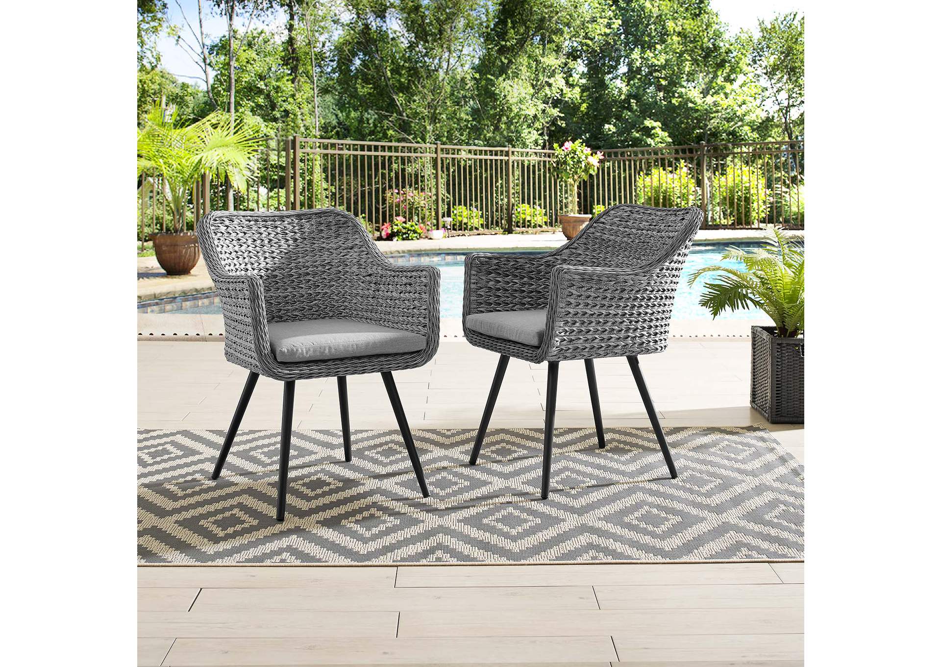 Gray Gray Endeavor Arm Dining Chair Outdoor Patio Wicker Rattan [Set of 2],Modway