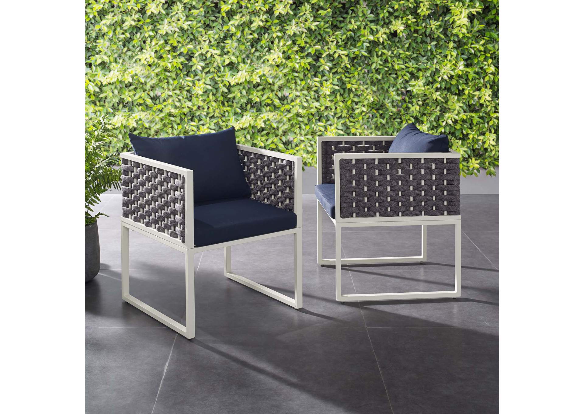 White Navy Stance Arm Dining Chair Outdoor Patio Aluminum [Set of 2],Modway