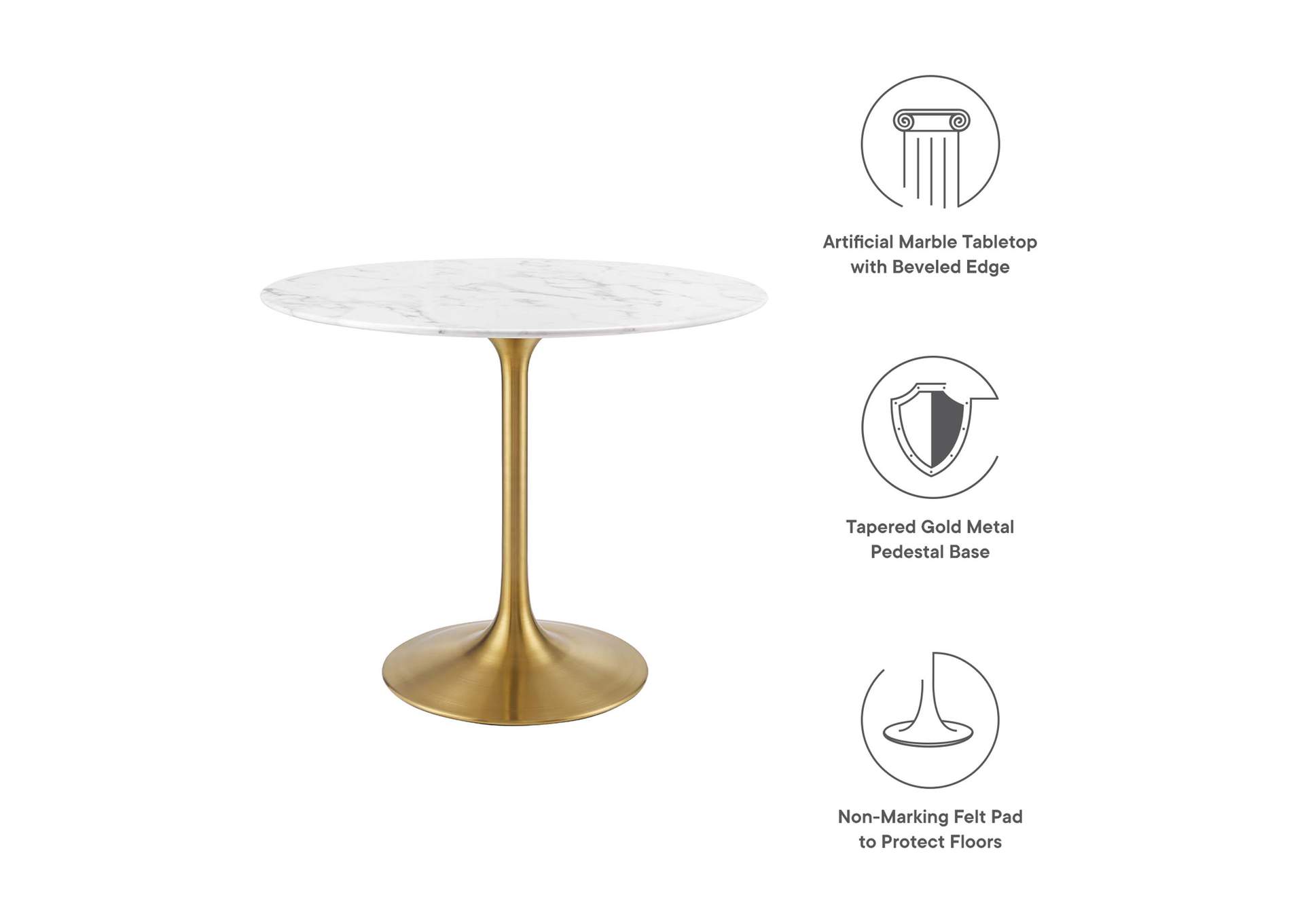 Gold White Lippa 36" Round Artificial Marble Dining Table,Modway