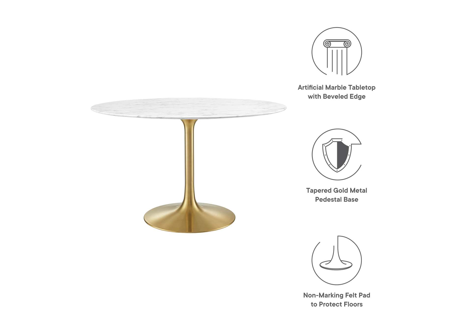 Gold White Lippa 47" Round Artificial Marble Dining Table,Modway